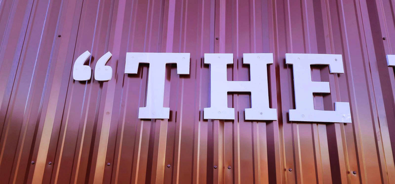 A close-up of routed plastic lettering displaying the word "THE," mounted on the side of Coffee High School's Riccardo Ingram hitting facility.