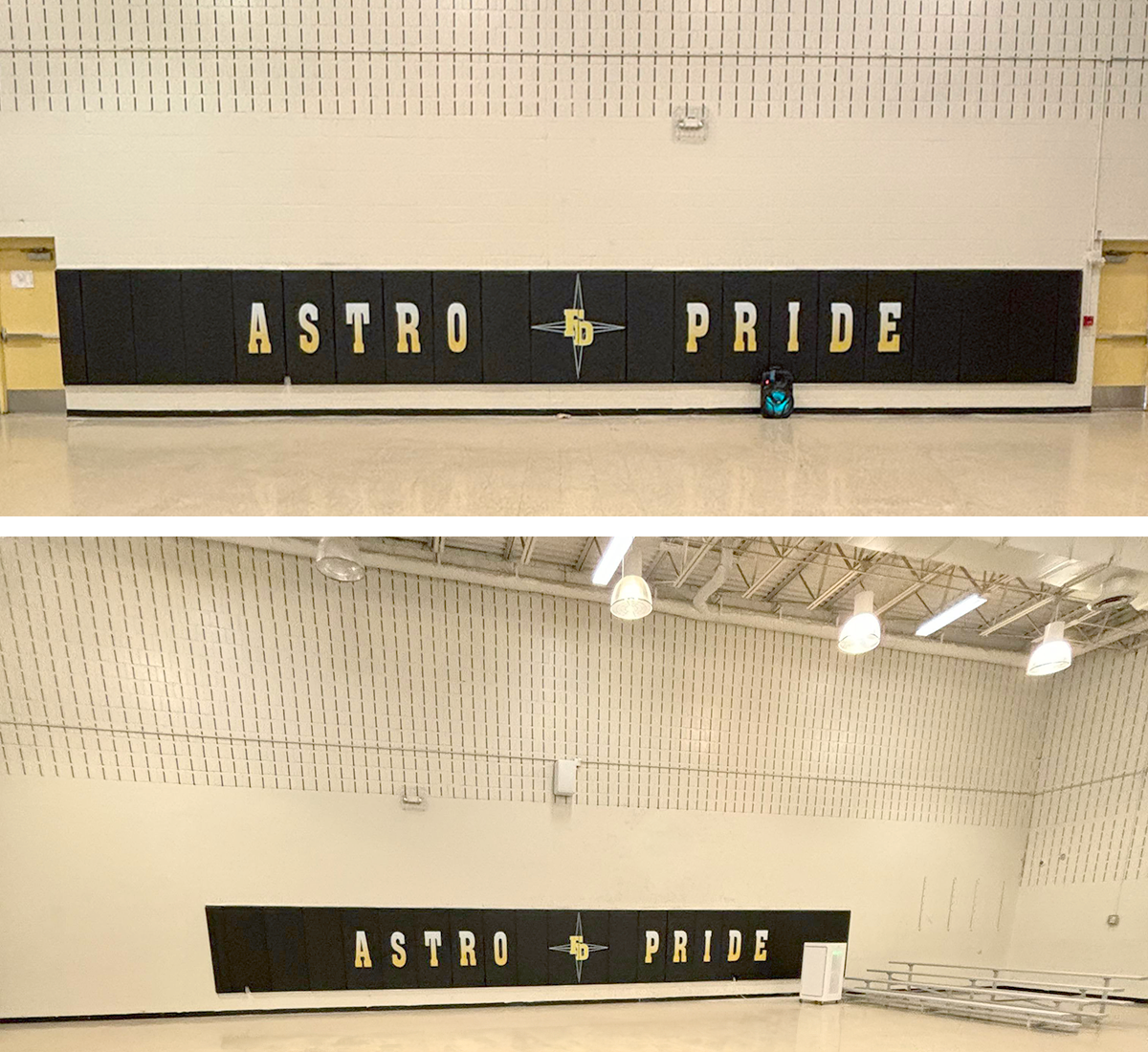 black sports vinyl covered padding printed with gradient white and yellow text reading 'astro pride' and a black four point star outlined in white under yellow lettering with a white outline reading 'FD' centered between the two words