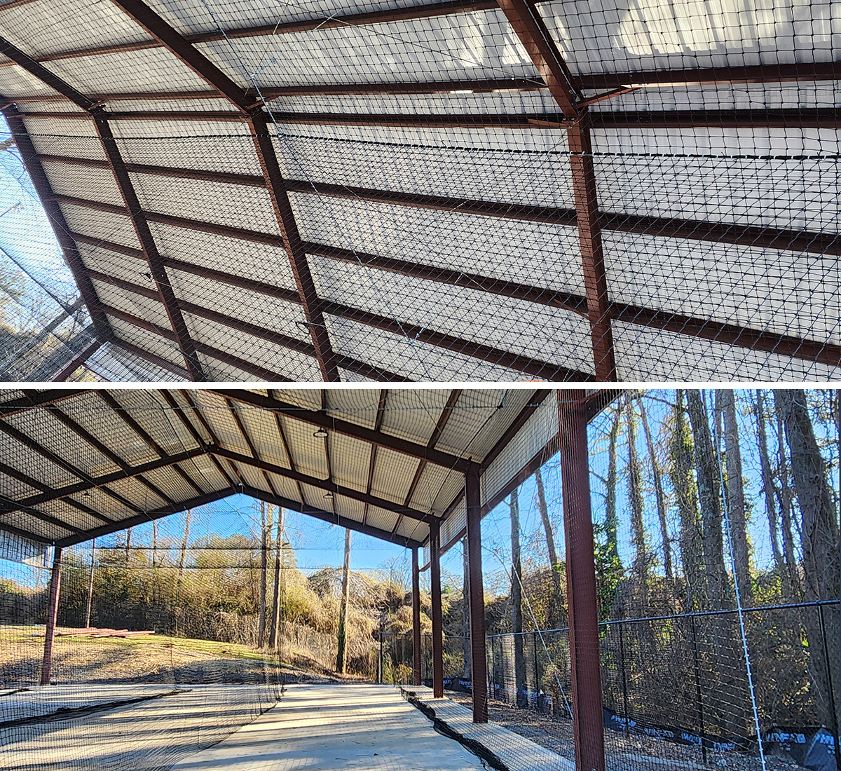converting a pavilion to an outdoor batting cage with black sports netting and suspension cables