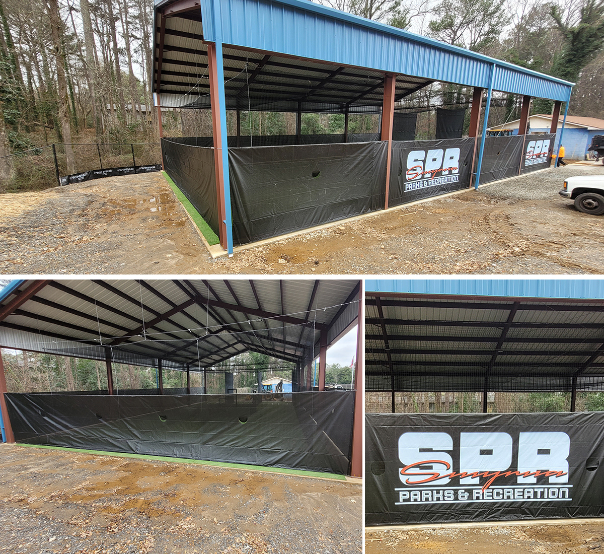 converting a pavilion to an outdoor batting cage with green turf, black sports netting and suspension cables, and branded windscreen surrounding the pavilion