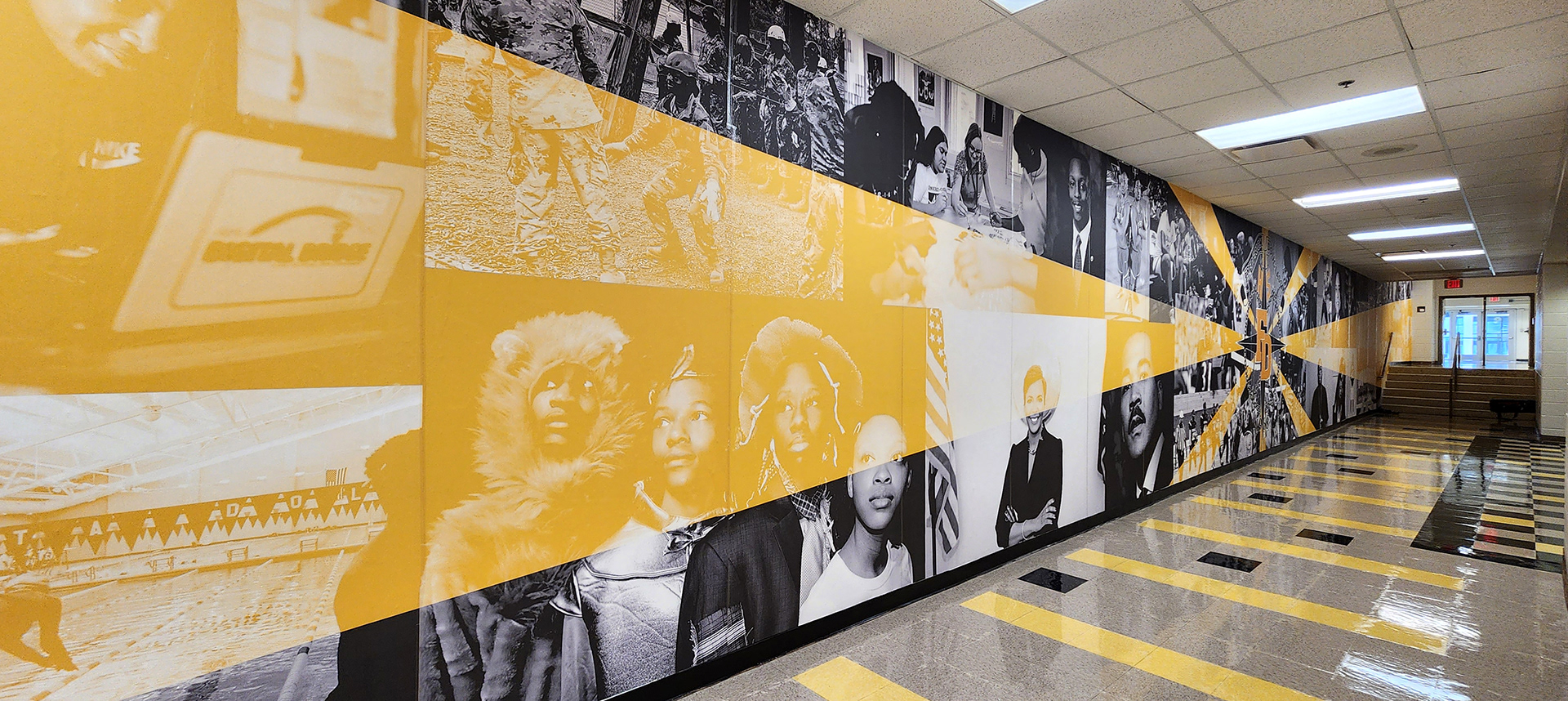 full print adhesive vinyl wall mural collage printed in black and white with yellow accent