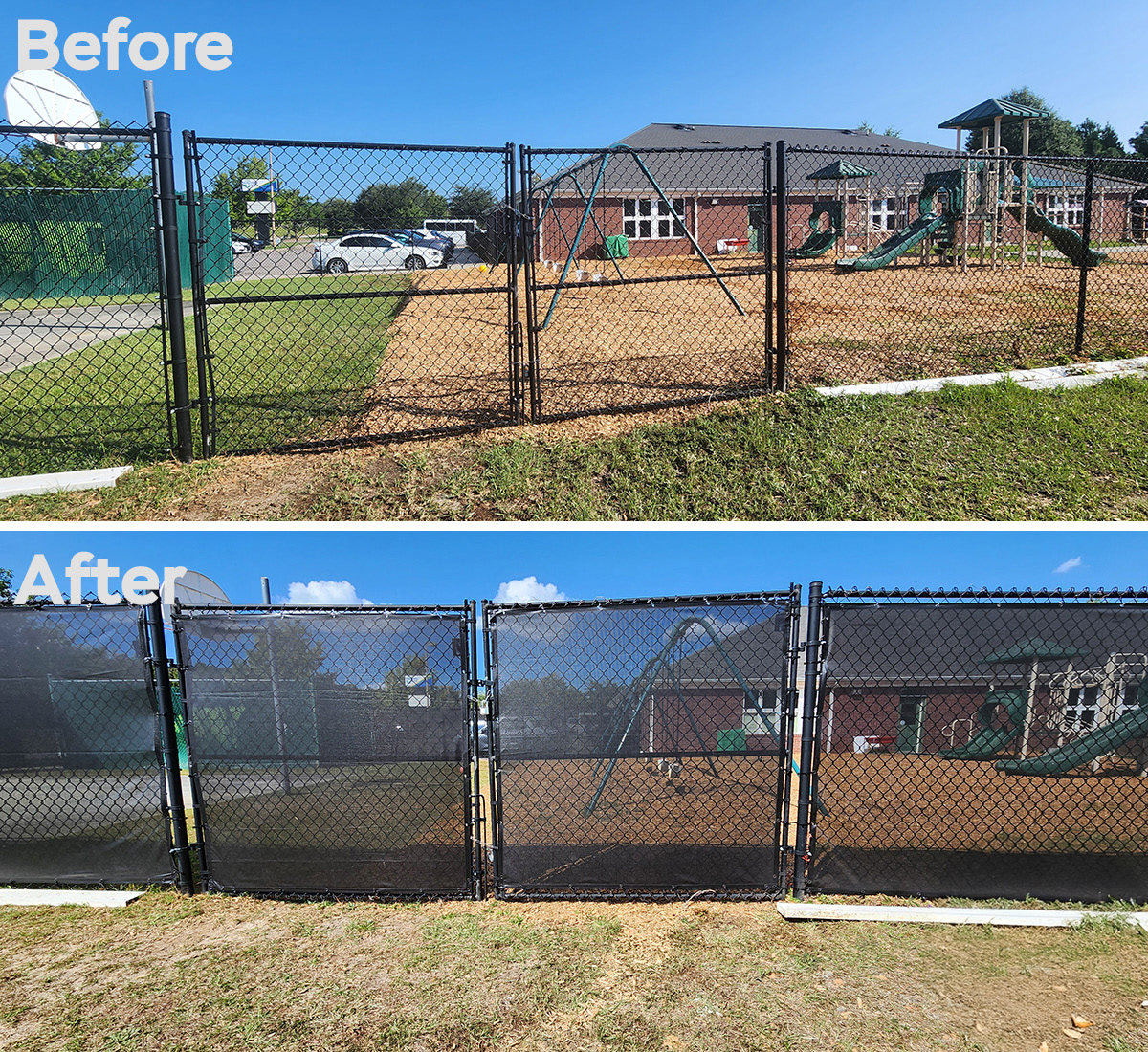 Far Side View. Two-photo collage showing a before and after comparison of a fenced play area. In the before image, the play area is clearly visible through the open chain-link fence. In the after image, a dark windscreen has been installed along the fence, significantly reducing visibility into the play area to enhance privacy and improve security.