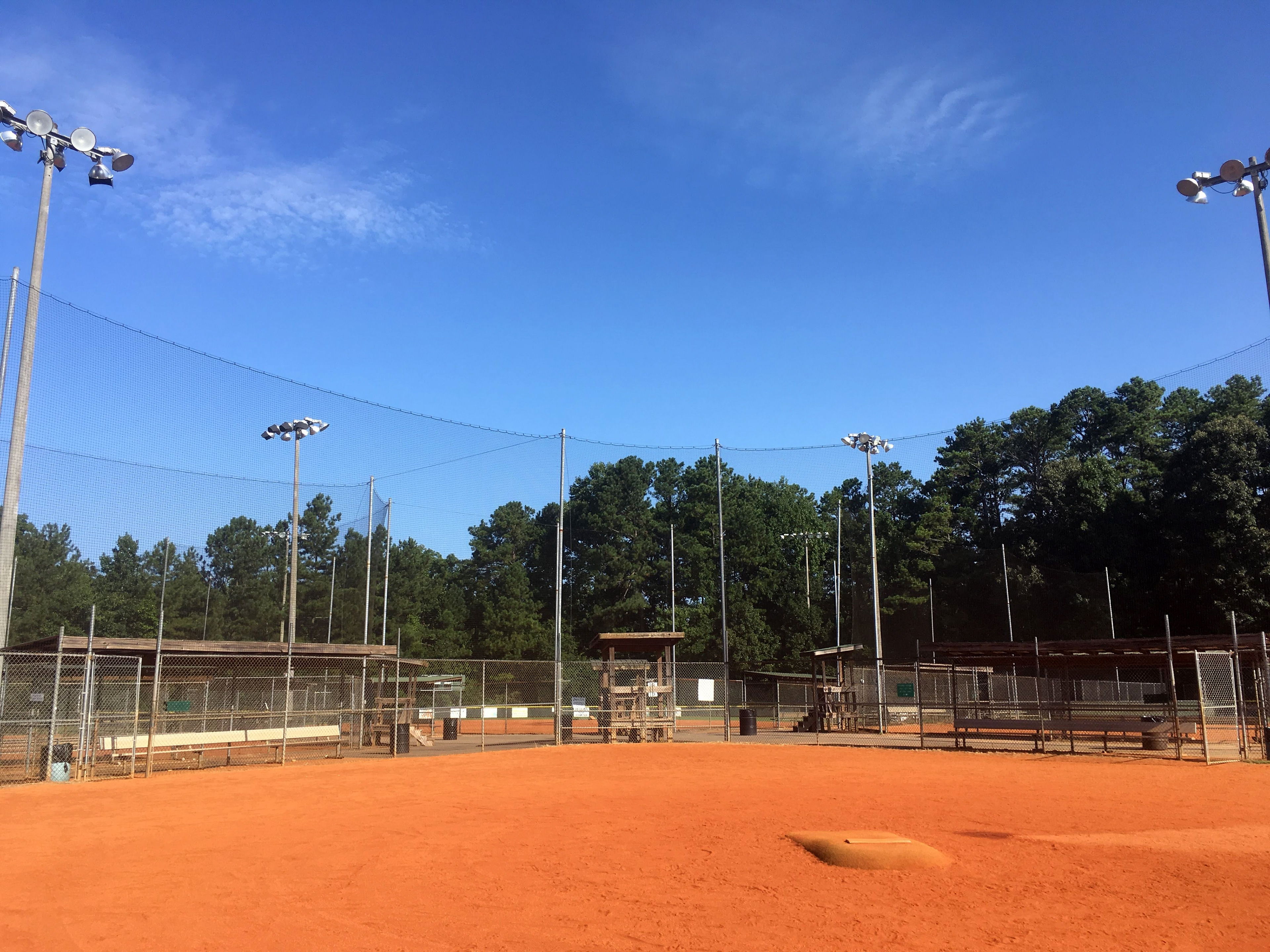 A view from inside the baseball field shows vertical sideline netting surrounding the field. Behind the netting on the left is a baseball dugout, with another dugout visible on the right. In the distance, tall green trees and a blue sky are visible. 