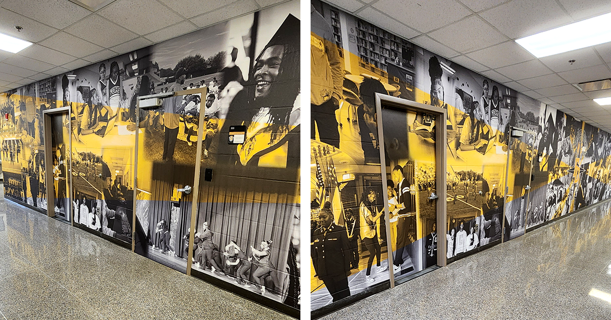 full print adhesive wall mural featuring a black and white collage of students accented with yellow