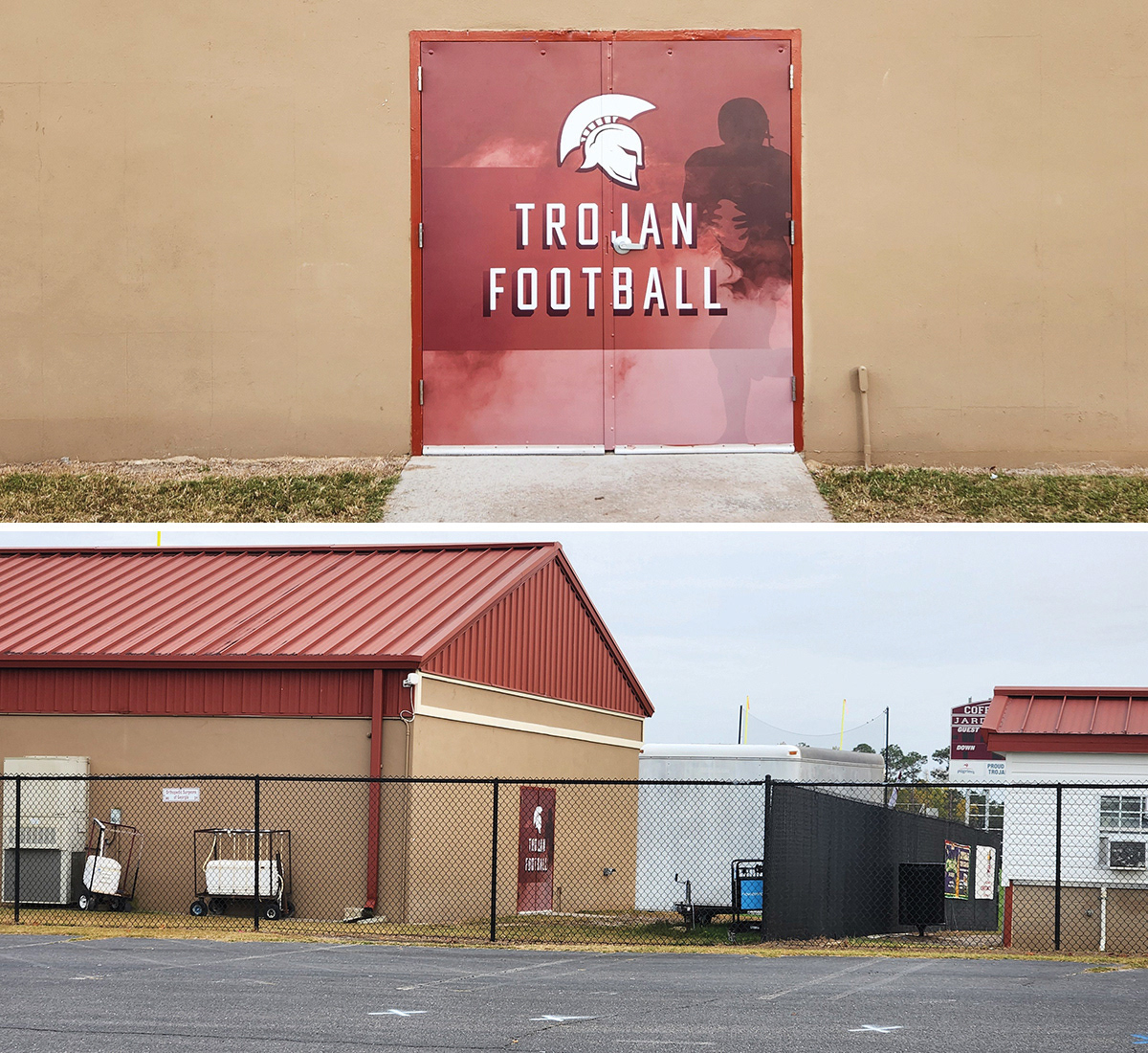 Two camera shots of a full print adhesive vinyl door wrap with a burgundy background and white lettering that reads "TROJAN FOOTBALL" below a white image of a Trojan helmet. On the door to the right is a silhouette of a football player mid-play, holding a ball and running, partially visible behind the lettering. The first shot is taken from several feet away, directly in front of the door, while the second shot shows a distant view of the building and door from a parking lot behind a fence beside the building.