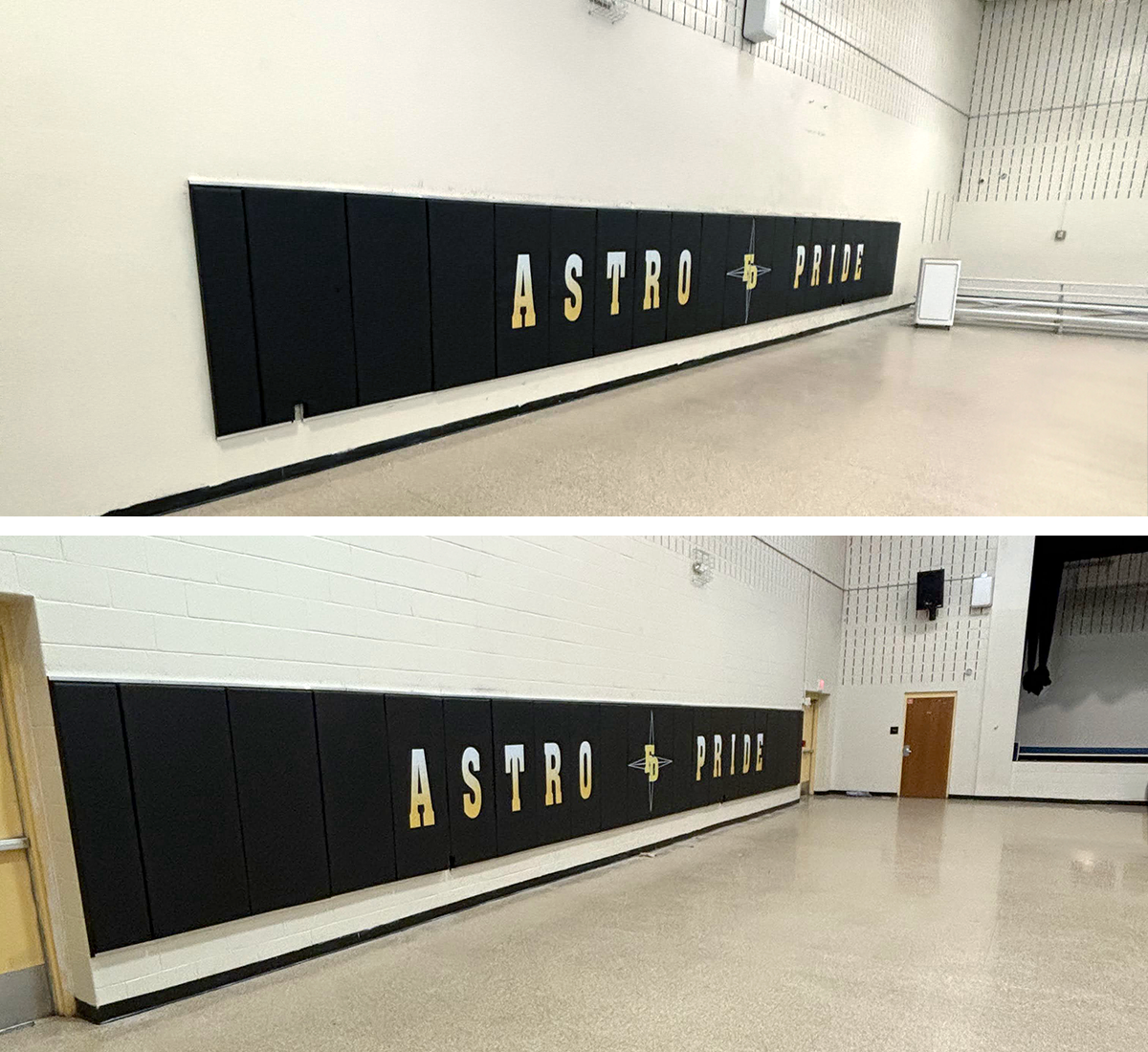 black sports vinyl covered padding printed with gradient white and yellow text reading 'astro pride' and a black four point star outlined in white under yellow lettering with a white outline reading 'FD' centered between the two words
