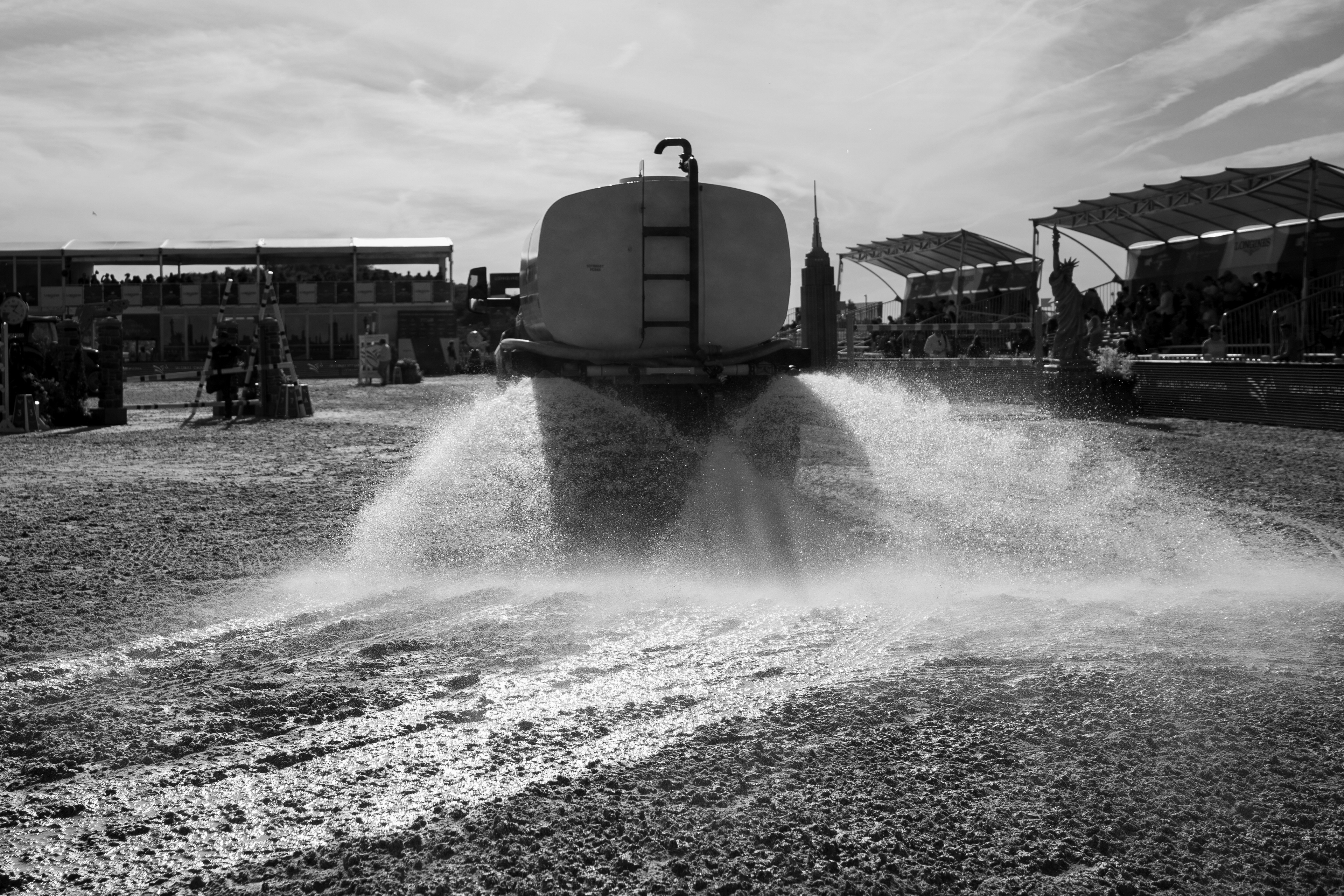 Governer’s Island, New York — September 27, 2019. Longines staff add water to the dirt every few hours.