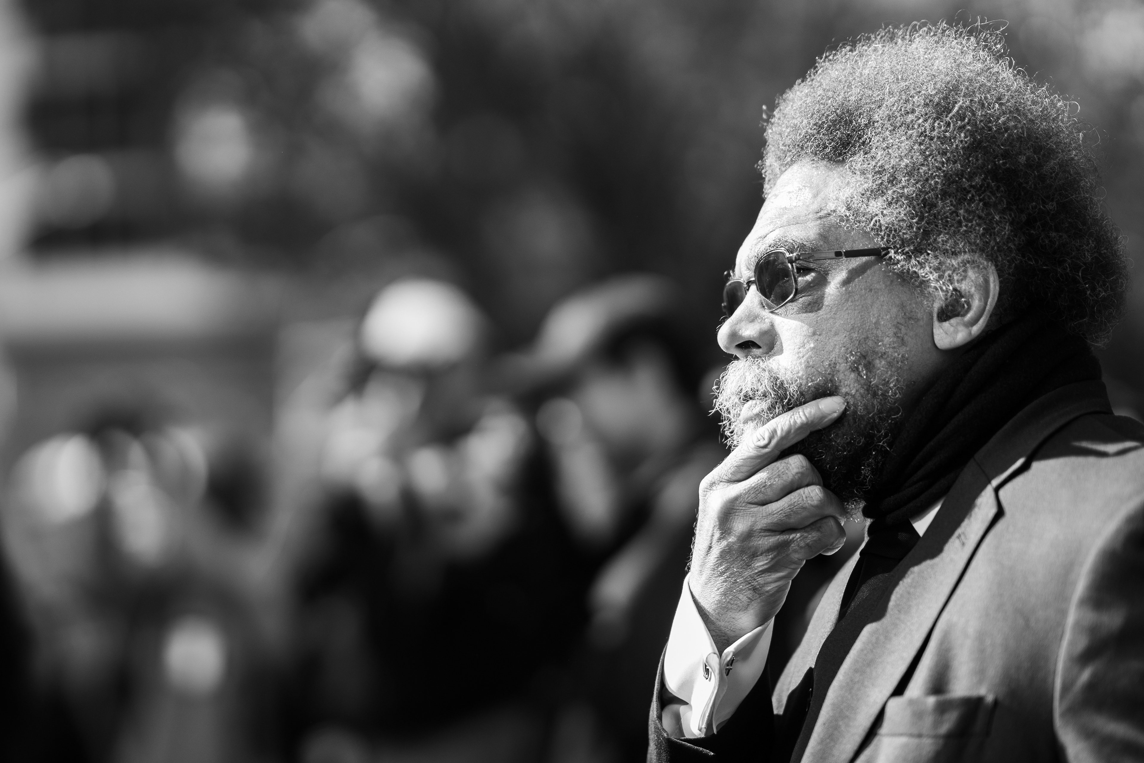 OUTNOW Protest, Union Square Park, October 19th, 2019 — Activist Cornell West observes Andy Zee speaking at the protest.
