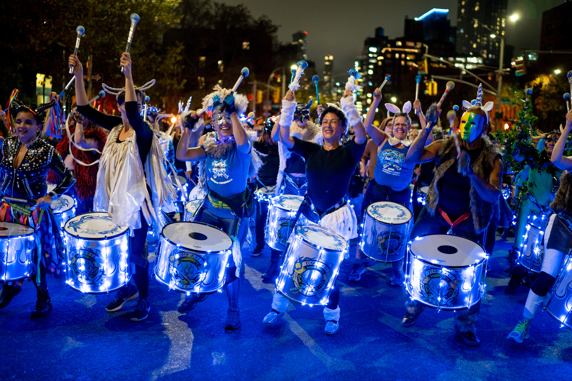 Village Halloween Parade — New York, NY. October 31st, 2019. An all women’s band called Fogo Azul.