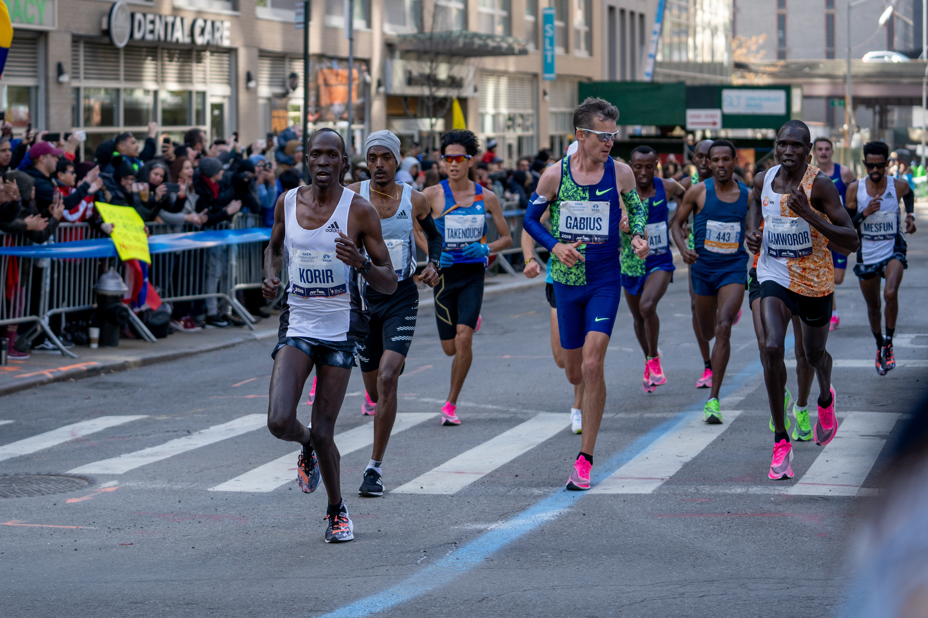 NYC Marathon — New York, NY. November 3rd, 2019. The front-runners at Queensboro Plaza. Kamworor (right) won first place, Korir (left) got second place, and Gebre (443) got 3rd place.