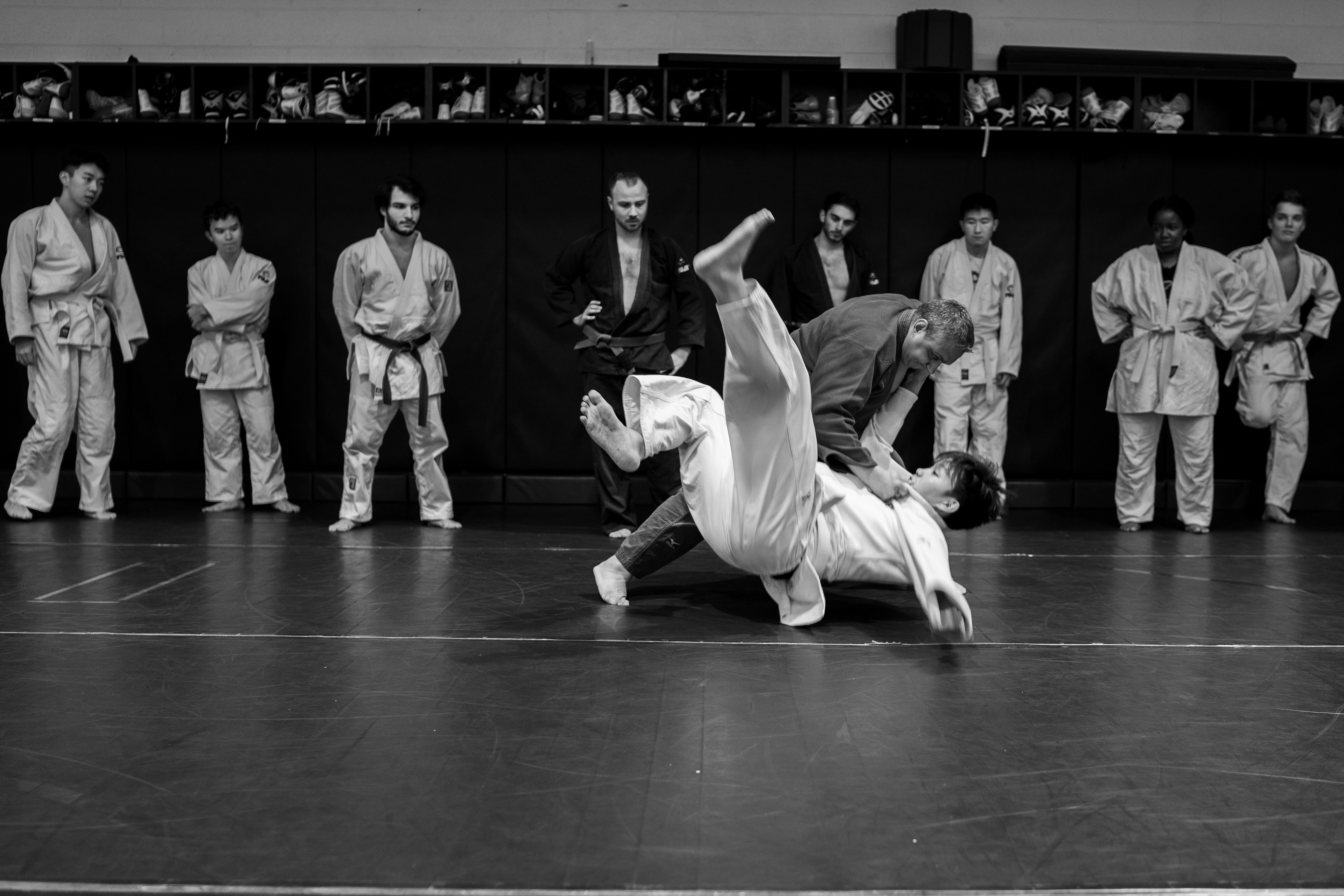 New York, NY, November 10, 2019. NYU judo club instructor demonstrates in front of the club in the wrestling room in palladium.