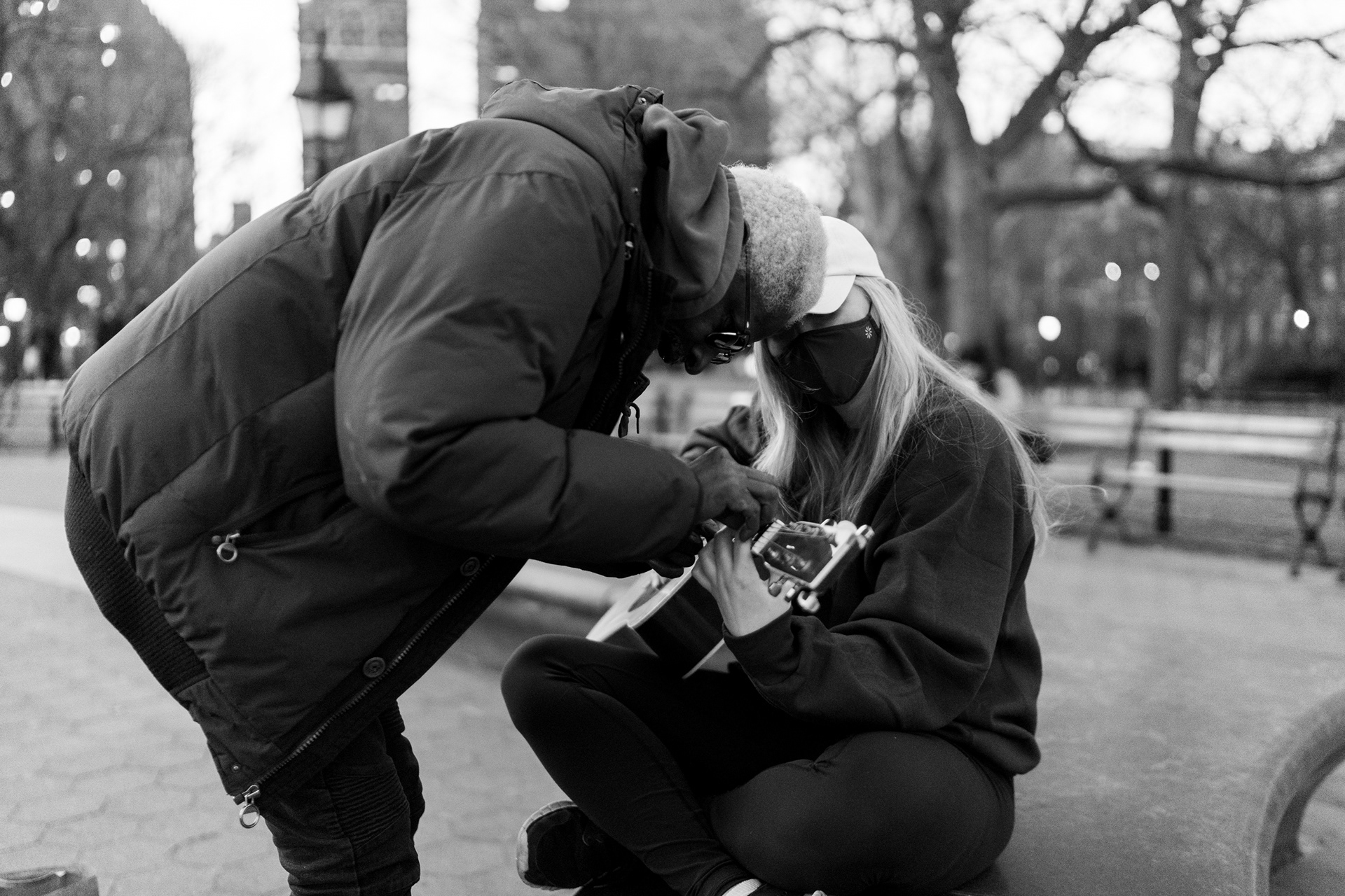 "Just that moment right there, she was interested in what I was doing. And she had some enjoyment, and I had some enjoyment playing. It was like a very comfortable moment.”  Do you remember her name? “I think that’s fucking Emily.” It is. How do you remember all the names of the people you play for? “I don’t. Everybody’s ‘Dude.’ ‘Hey what’s up dude? How you doin?’ Yeah, I want that. Give me a copy of that.” Why do you decide to give so much time to these people? “The intimacy, I’m putting emphasis on how to place her fingers on the strings of the guitar, and she’s paying attention. And she’s comfortable, there’s an intimacy about it. And I enjoy doing it, and she had no problem, even though we’ve got this covid thing.”
