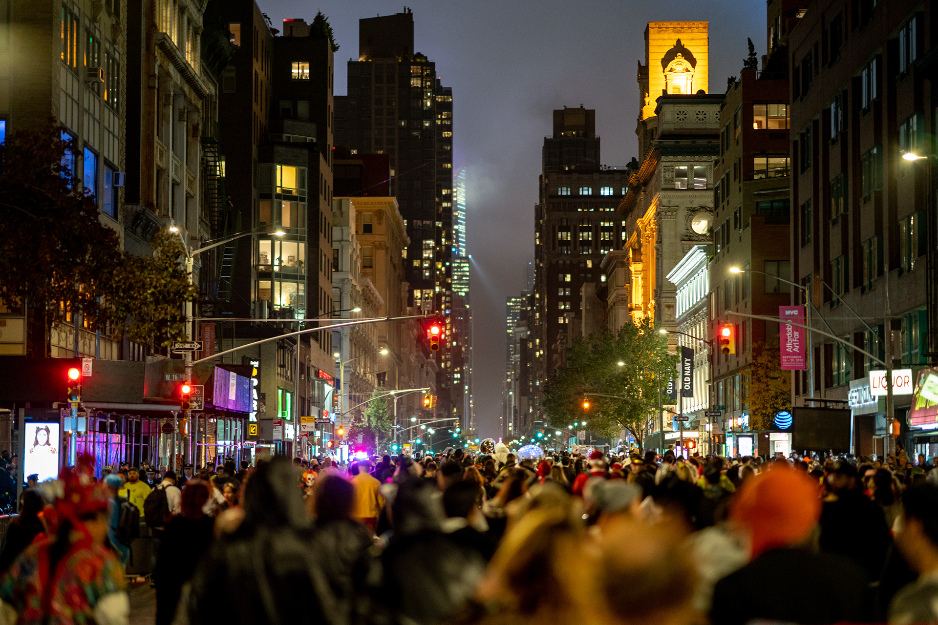 Village Halloween Parade — New York, NY. October 31st, 2019. The view Northbound on 6th Avenue.