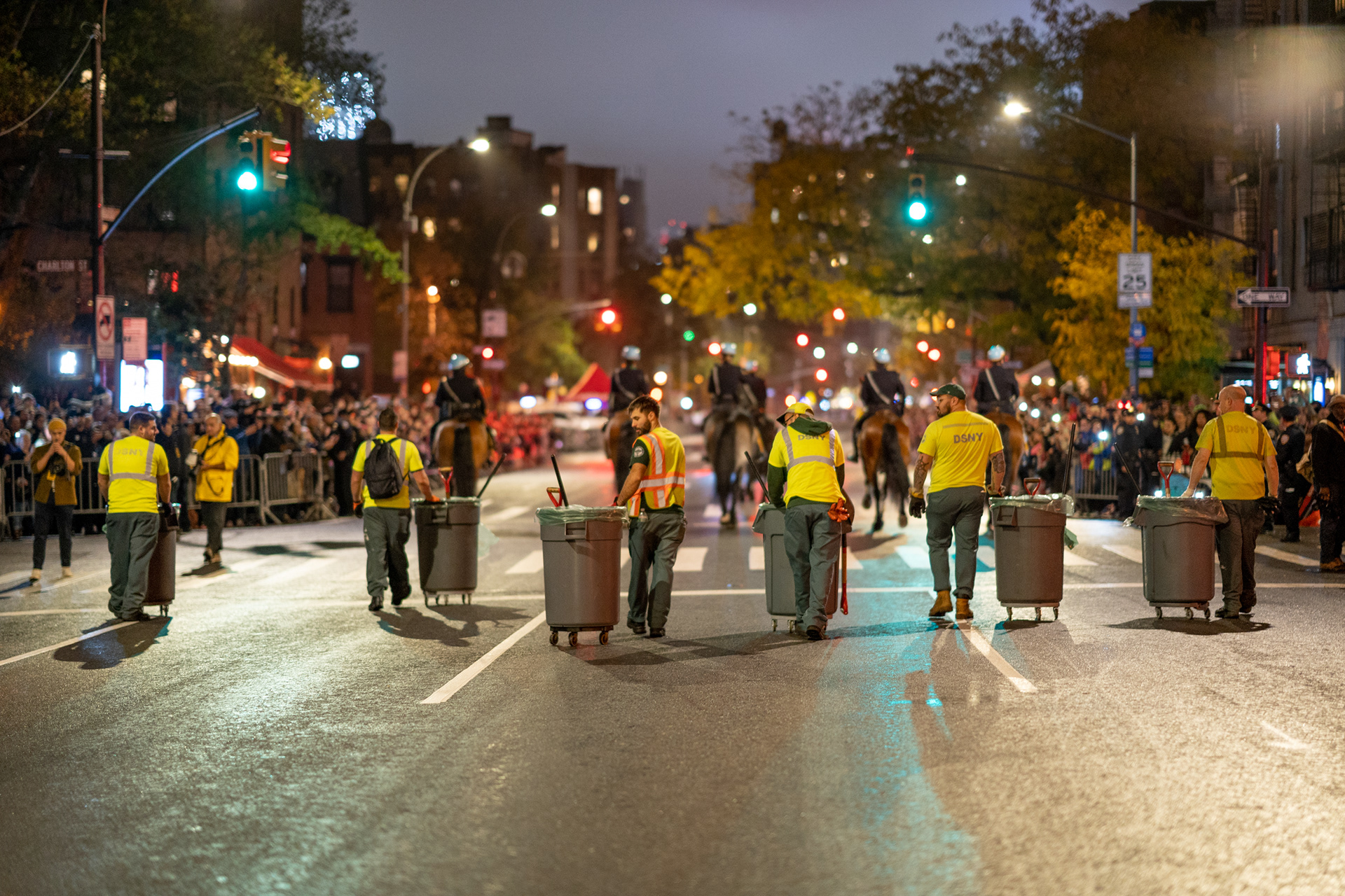 illage Halloween Parade — New York, NY. October 31st, 2019. Sanitation workers and mounted police lead the parade.