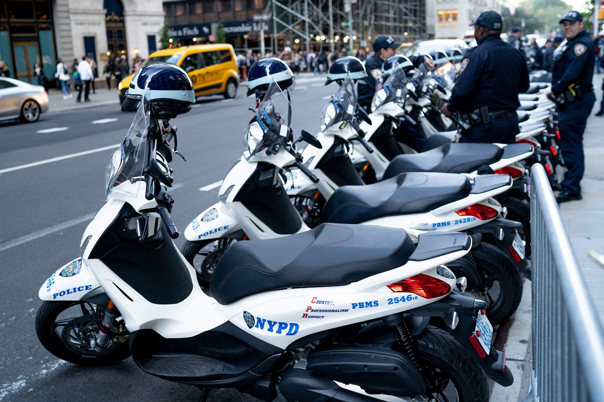 OUTNOW Protest, Midtown NYC, October 19th, 2019 — Police motorcycles lined up in front of Trump Tower.