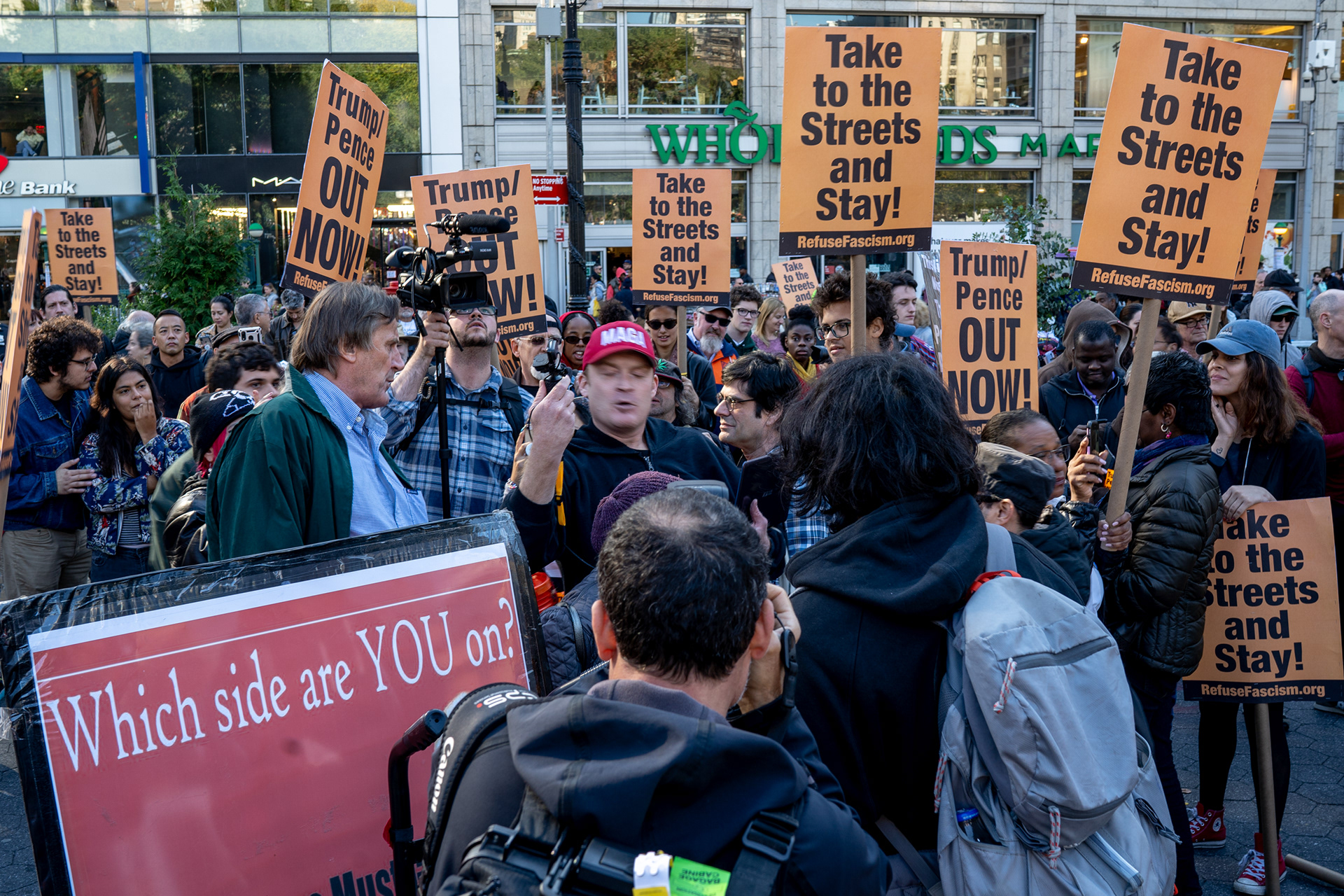 OUTNOW Protest, Union Square Park, October 19th, 2019 — MAGA fan is pushed around before being thrown to the ground.