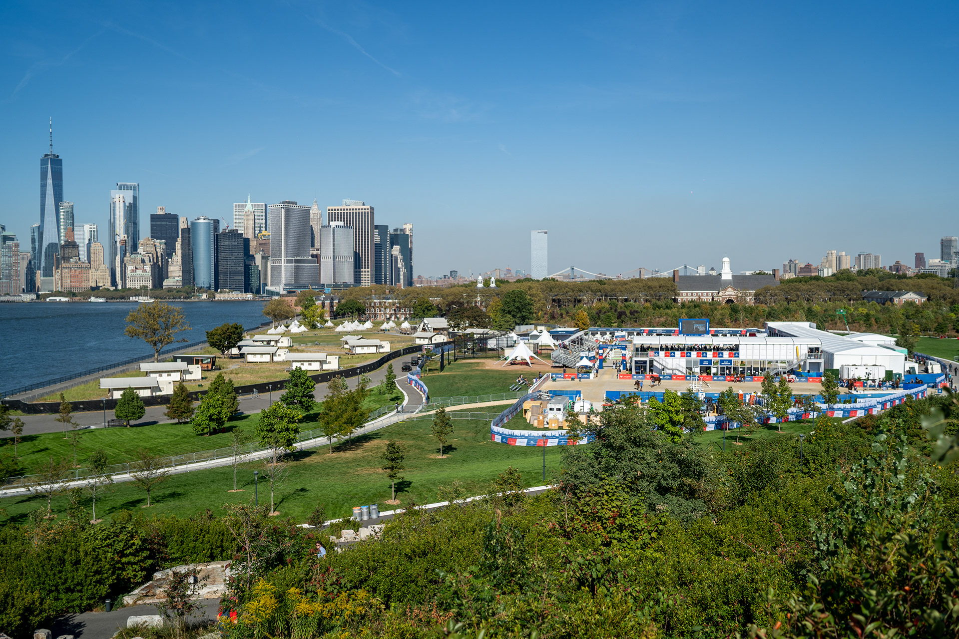 Governer’s Island, New York — September 27, 2019. View of the Longines Global Championship from the hill.