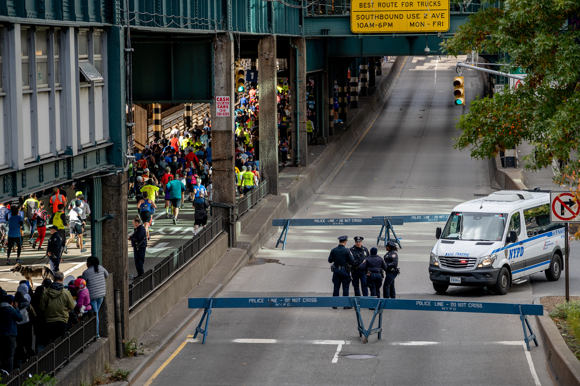 NYC Marathon — New York, NY. November 3rd, 2019. Police block the ramp to the Queensboro Bridge.
