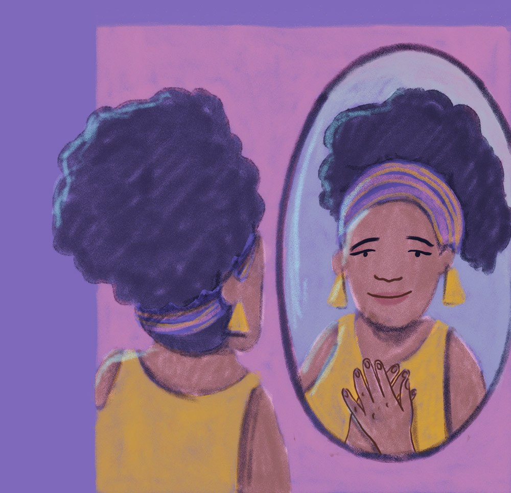 Illustration of young black woman looking at herself in the mirror
