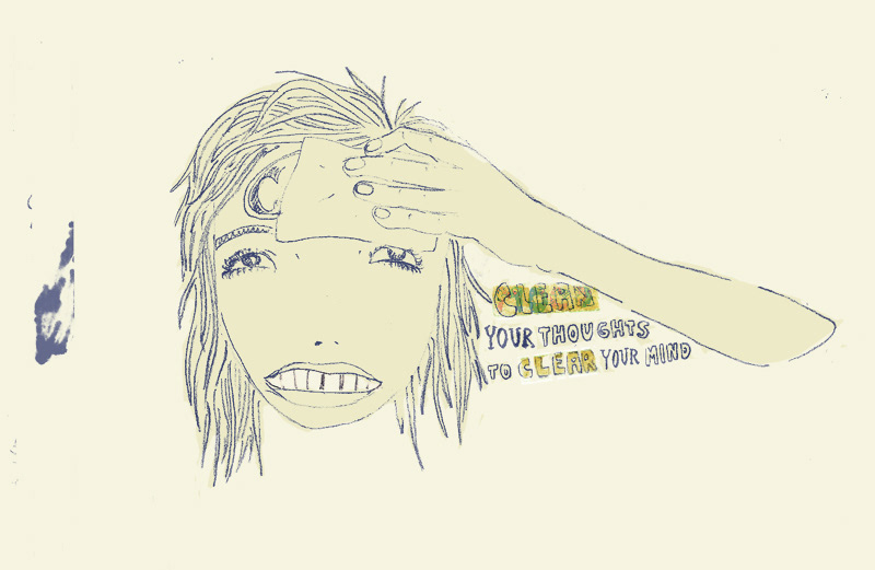 Mixed media illustration of girl wiping her bad thoughts