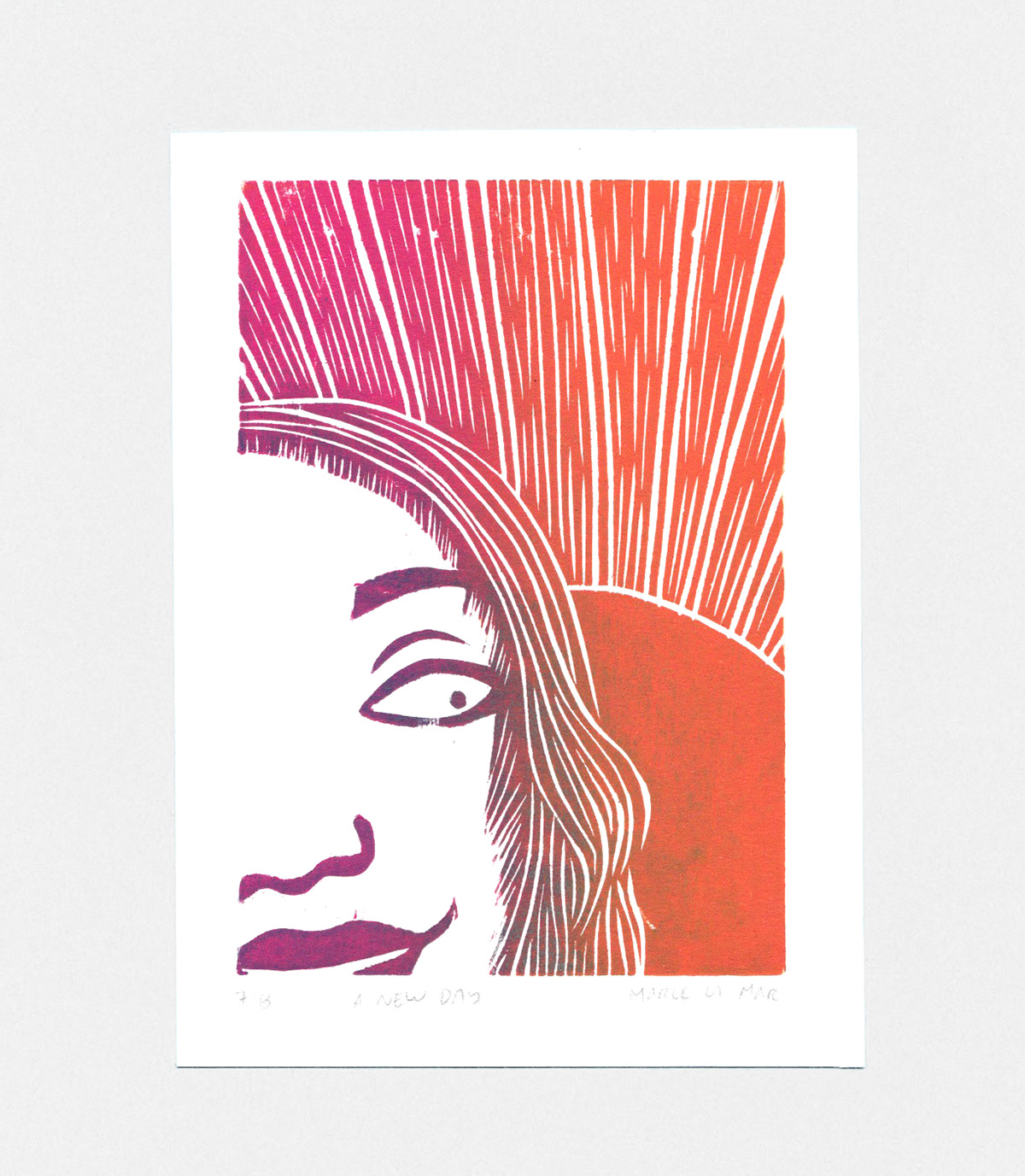 Woodcut print of a woman looking at the sunrise. The whole image is a gradient from purple to orange.