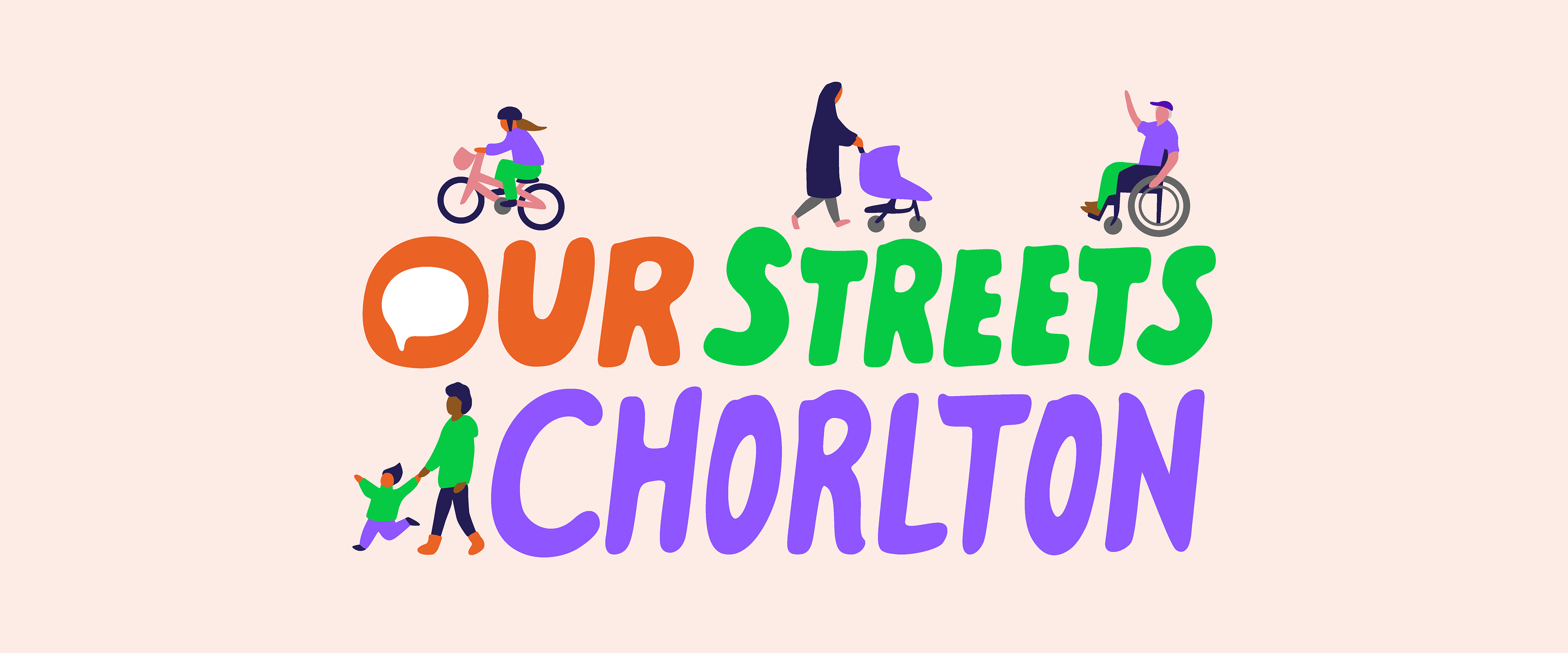 Logo of Our Streets Chorlton in orange green and purple with colourful characters