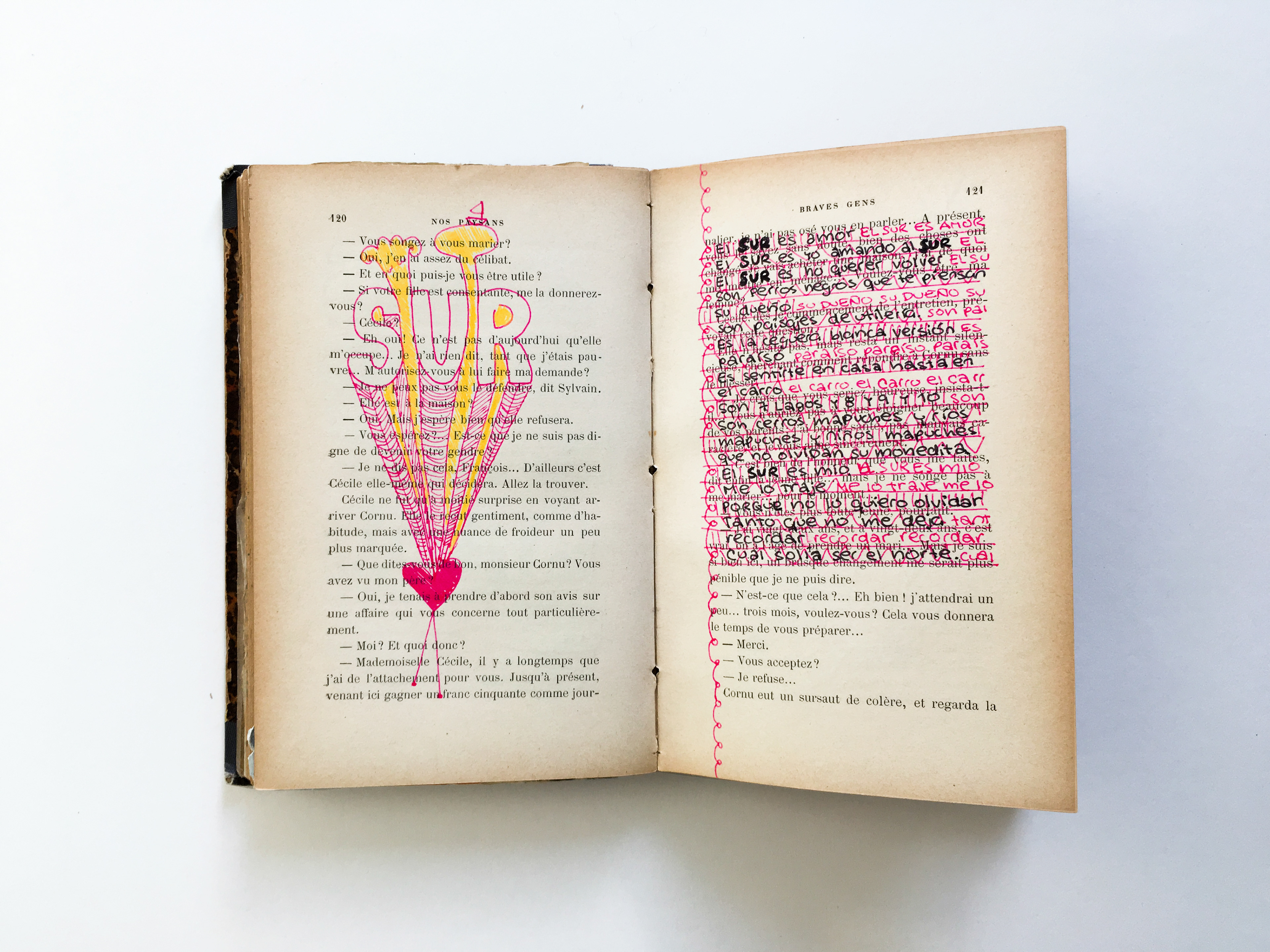 Illustration on repurposed book with the word 'sur'