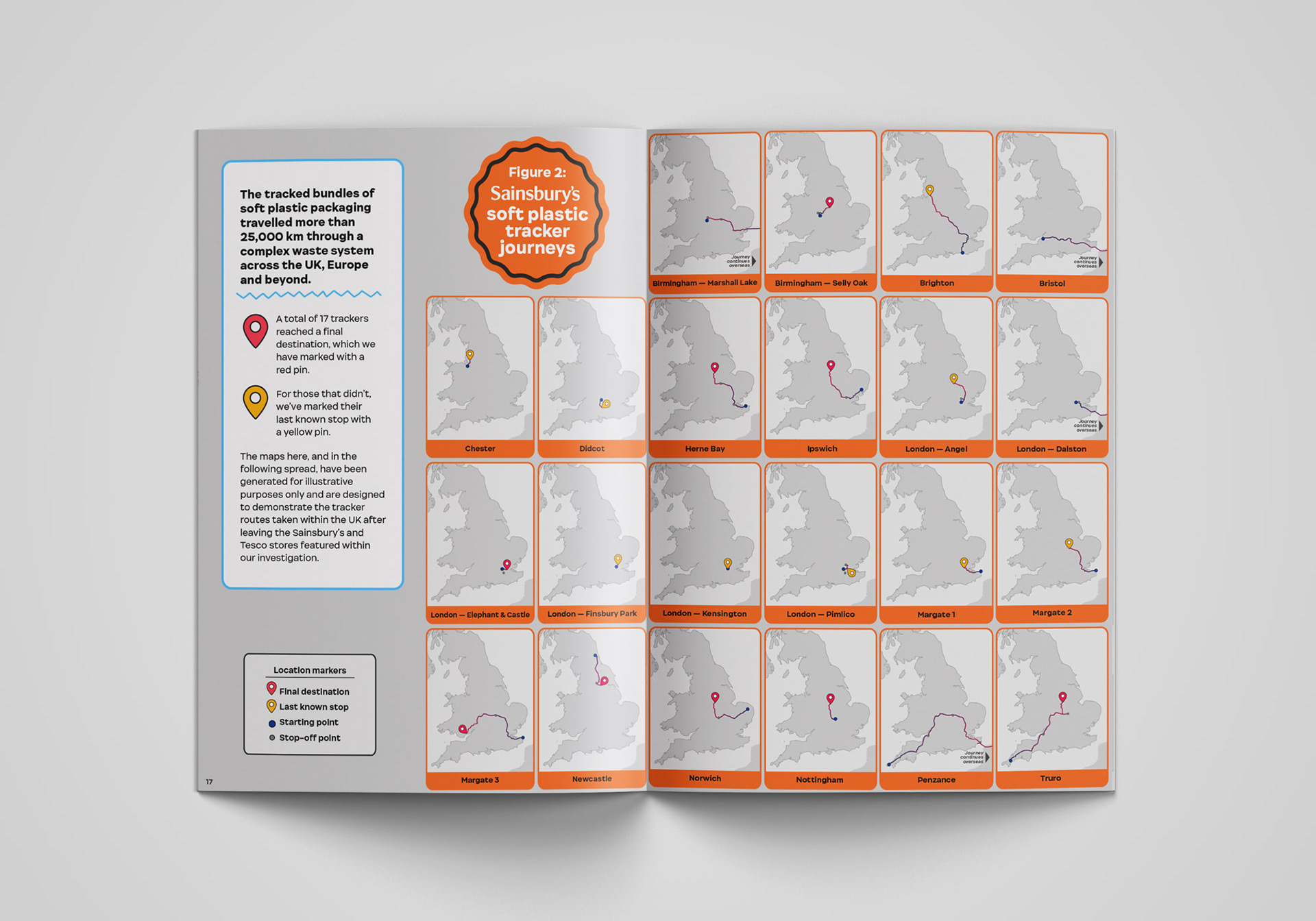 Spread design with maps showing different journeys