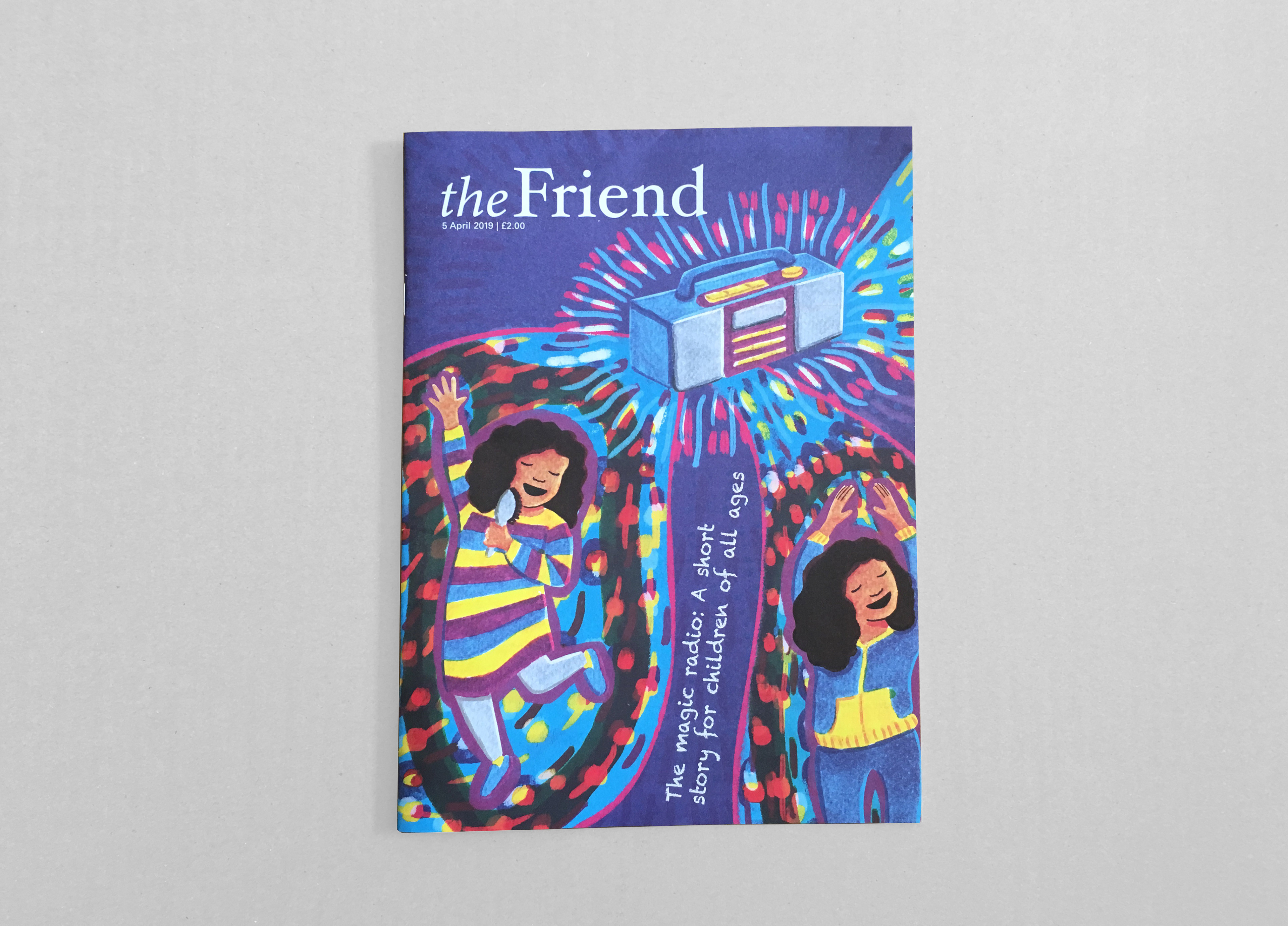 Photograph of illustration of girl dancing around a magic radio, on The Friend magazine cover