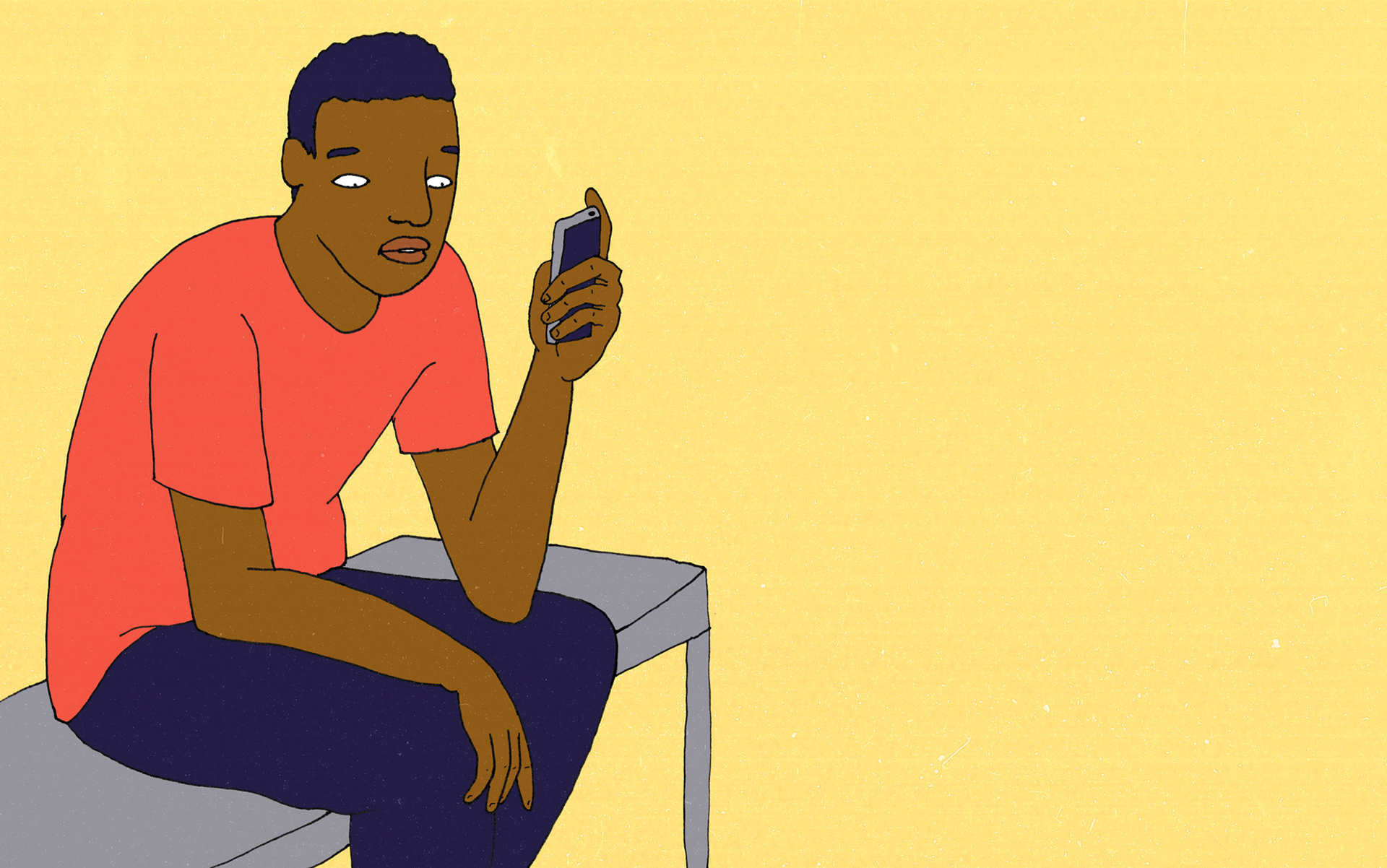 Social justice illustration. Featuring a man sitting on a bench, reading a text message on his mobile phone