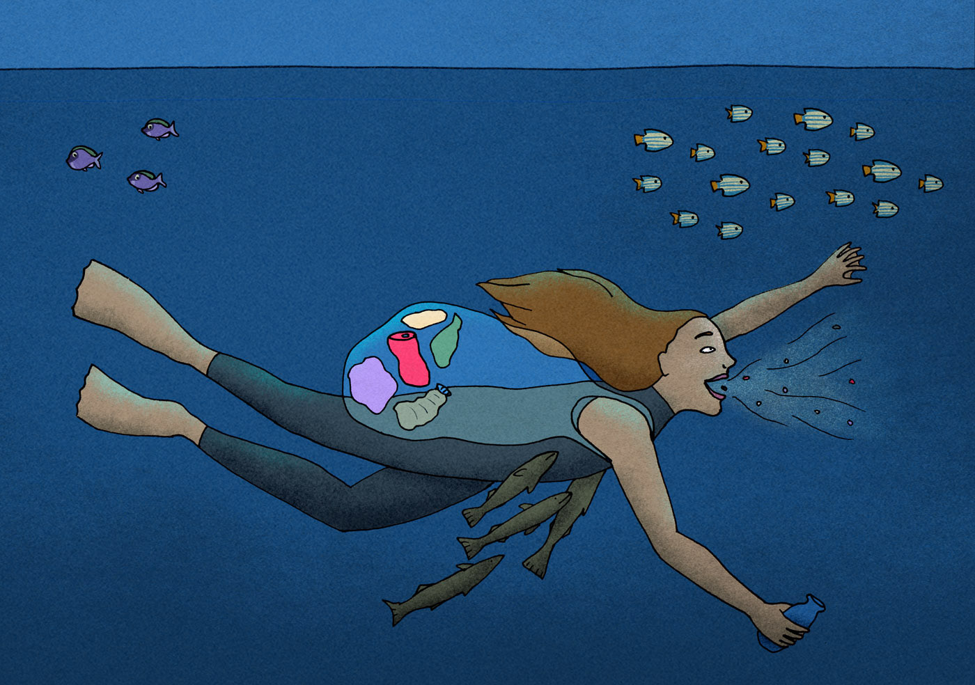 Illustration of a woman with fins swims in the ocean, she is collecting rubbish and filtering the water.  Remora fish are feeding off her.
