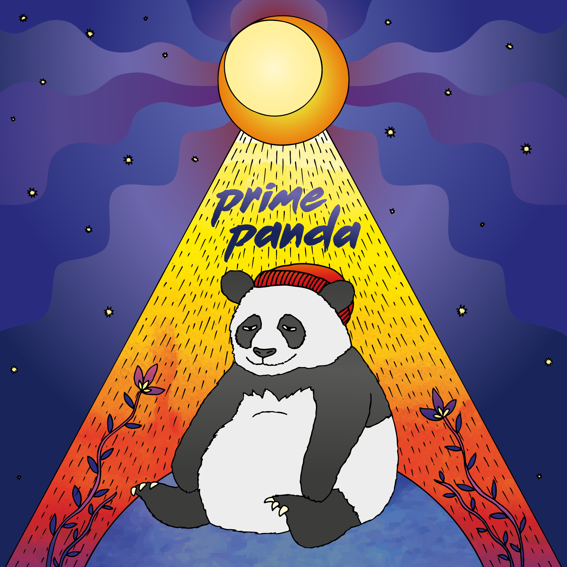 Album cover design for Prime Panda - night version. The illustration shows a panda smiling under the moonlight.