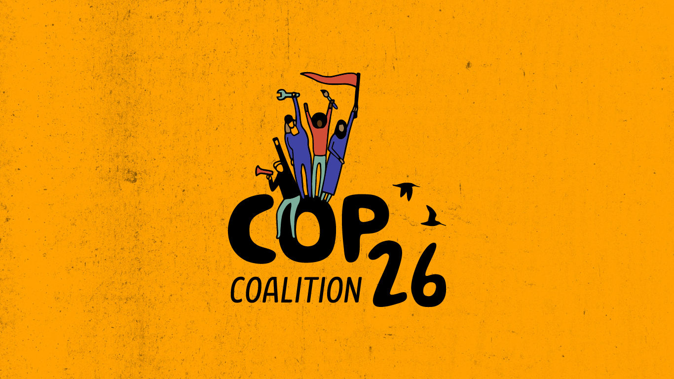 COP26 Coalition logo with that text, four characters standing on the O and two birds flying. The logo is colourful and is on a mustard colour background. Graphic design for good causes.