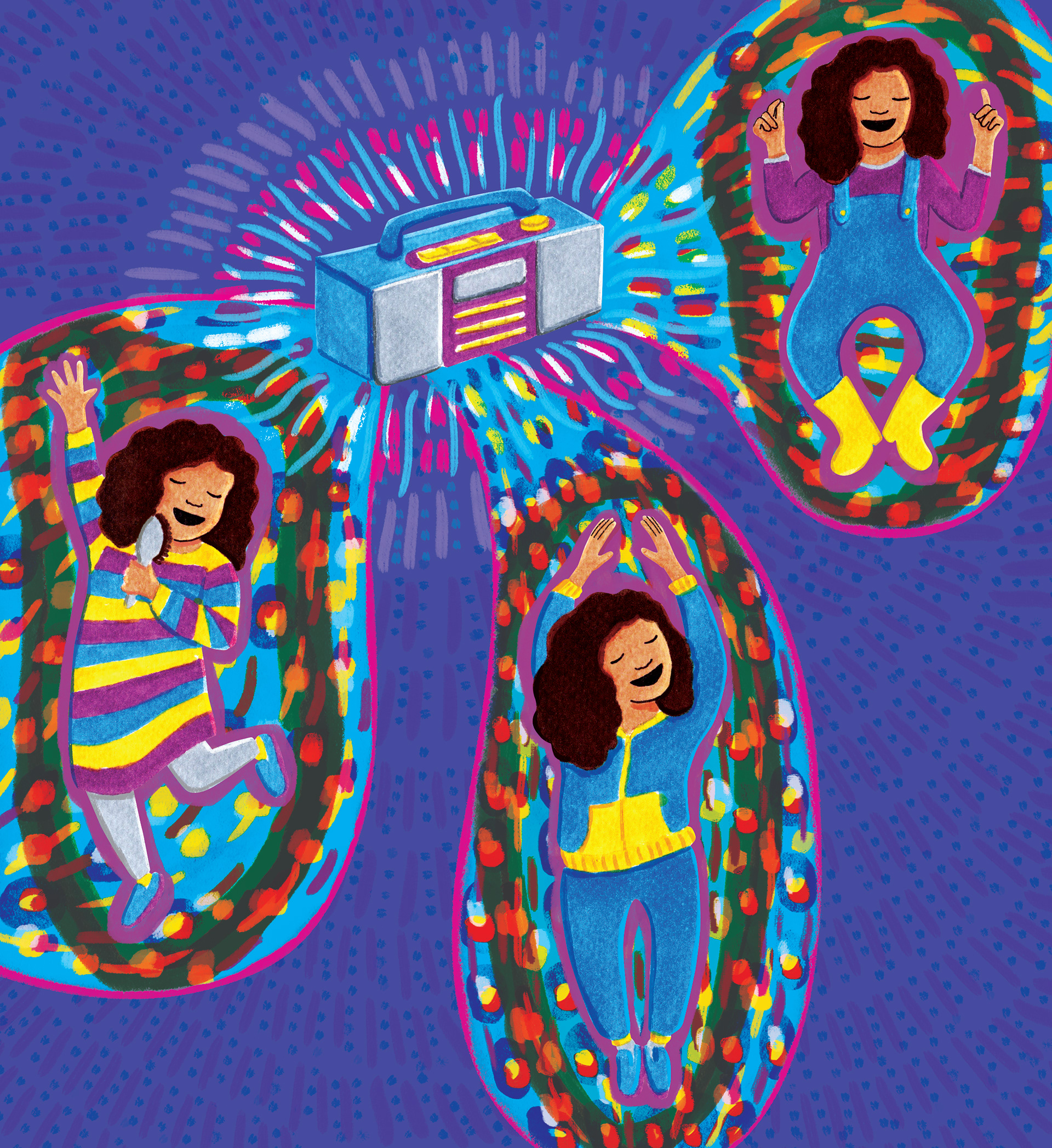 Illustration of girl singing and dancing around a magic radio