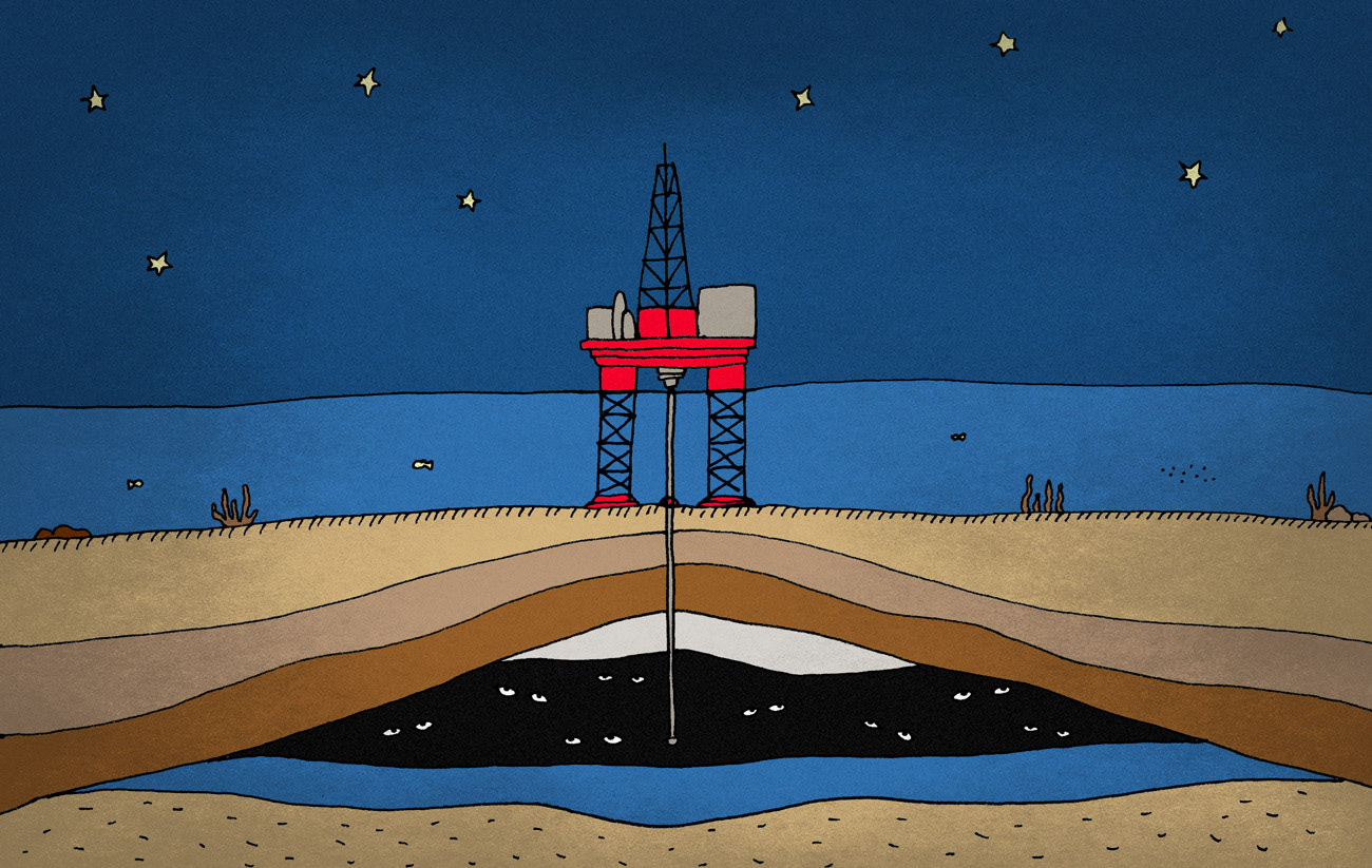 Speculative illustration of fossilised micro-organisms under the earth waiting to be extracted by an oil rig and go to the stars