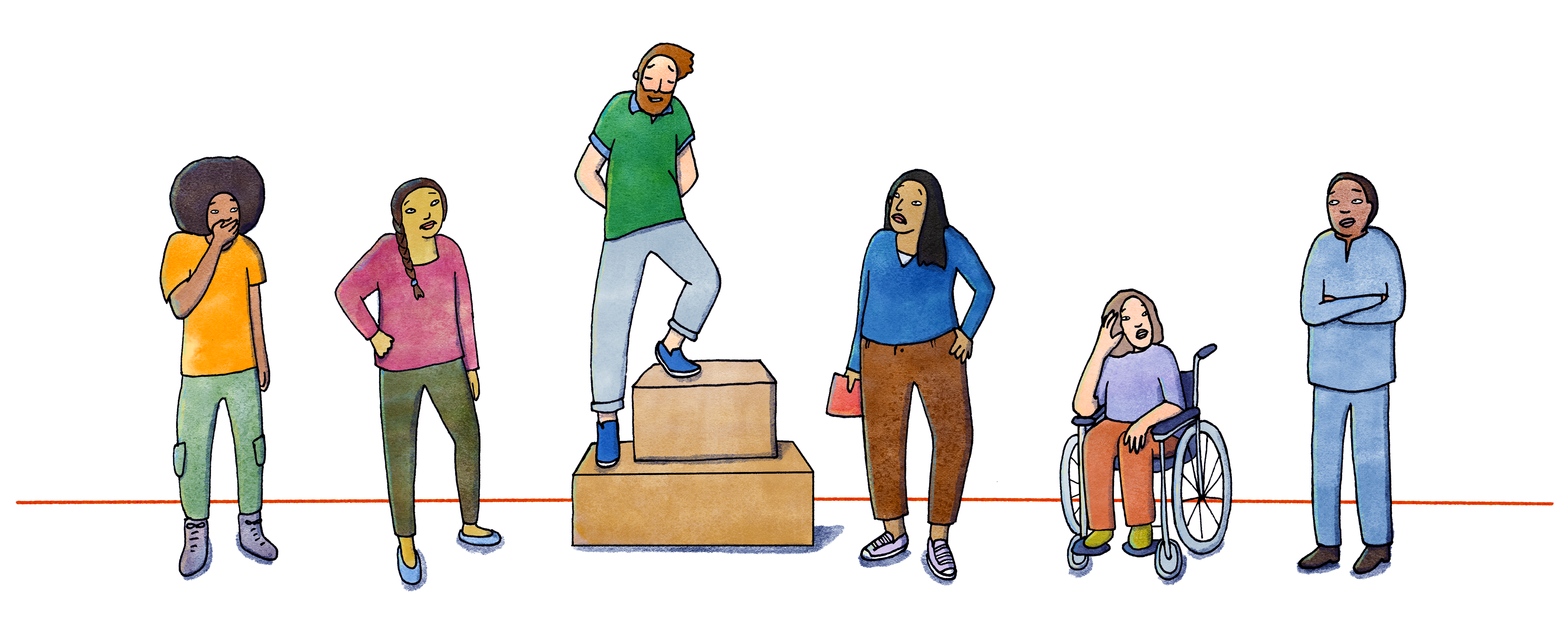 A group of people on a line, not impressed with a man who is standing on some boxes in order to stand out