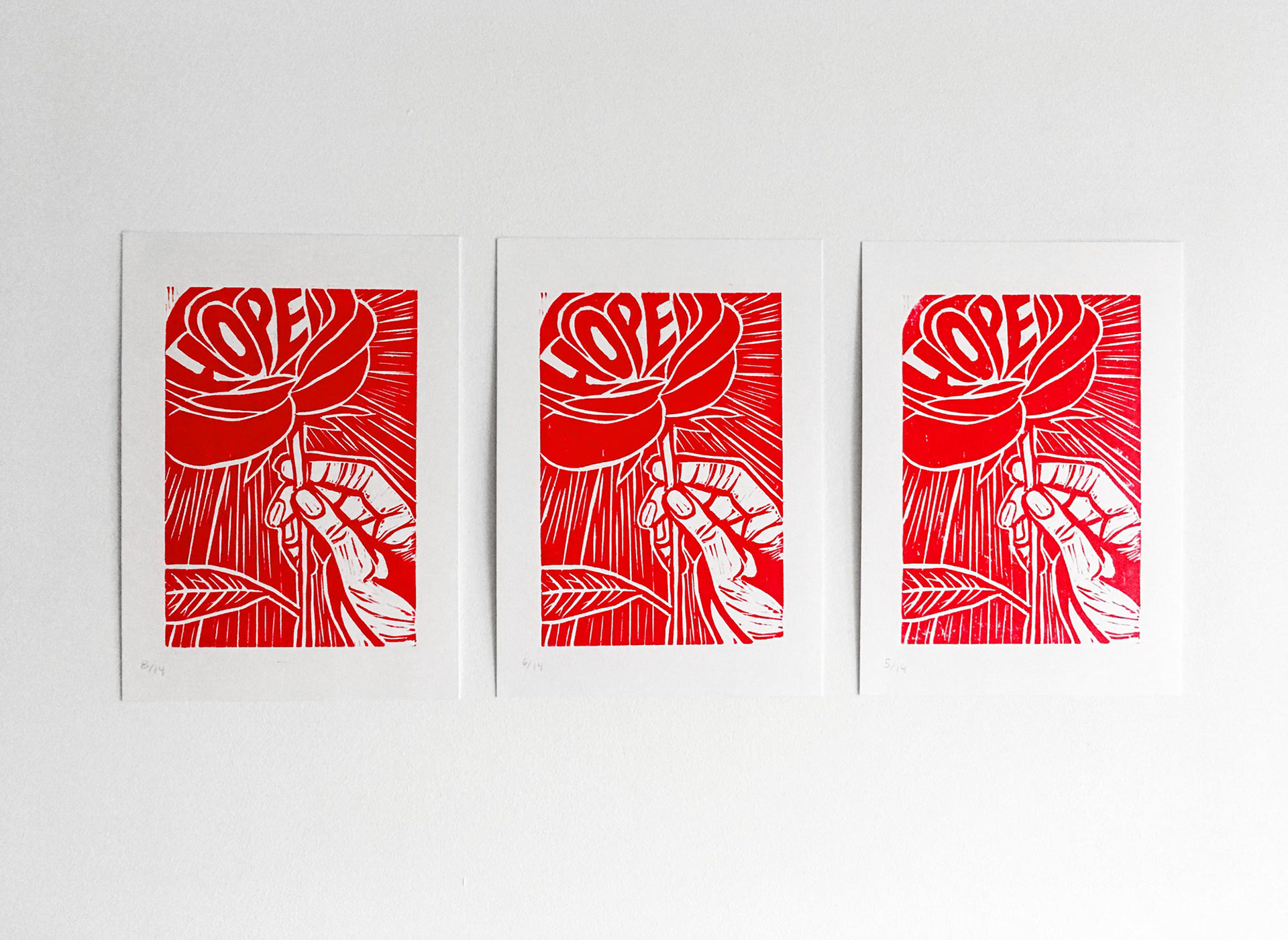 Three prints laid out next to one another