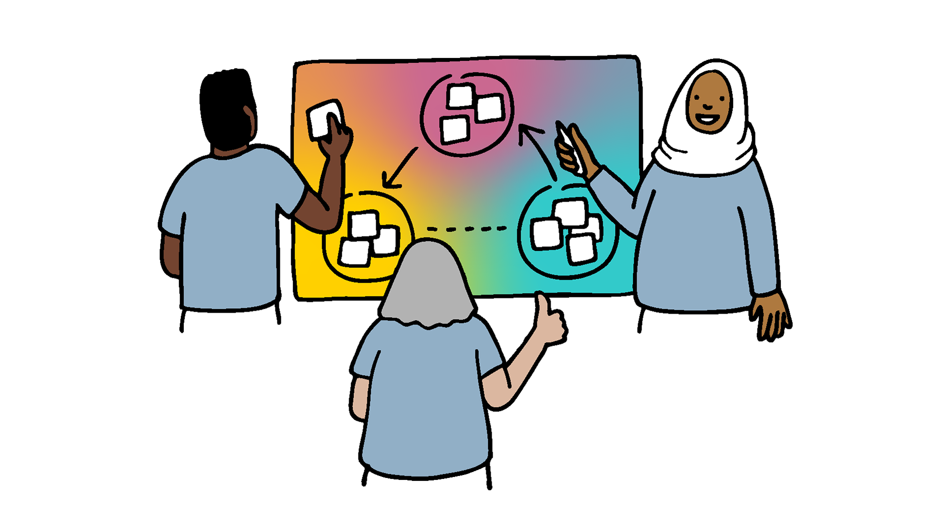 Illustration of three people building a strategy together