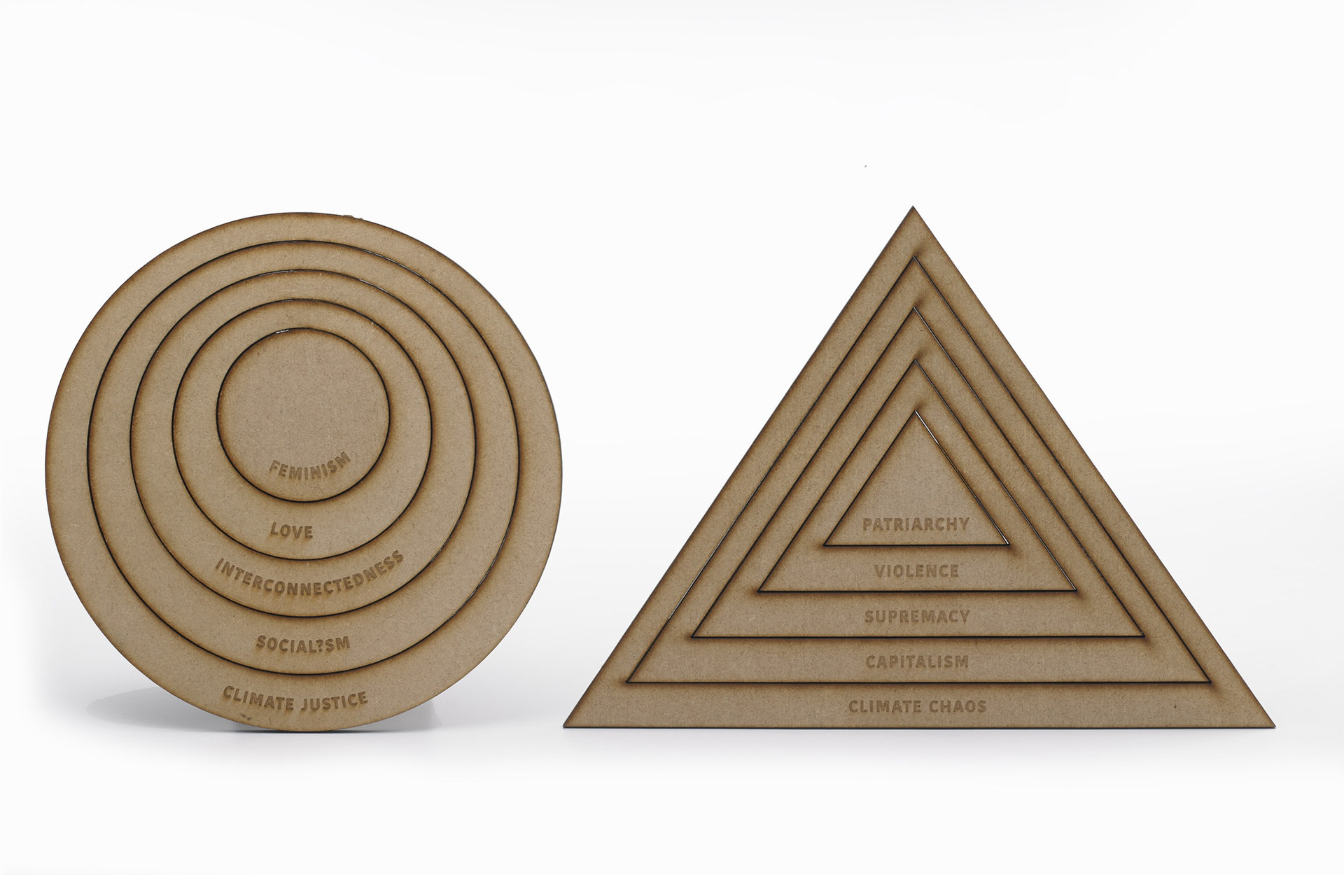 A series of concentric circles and concentric triangles, laser cut unto wood. The circle represents feminism, the triangle patriarchy