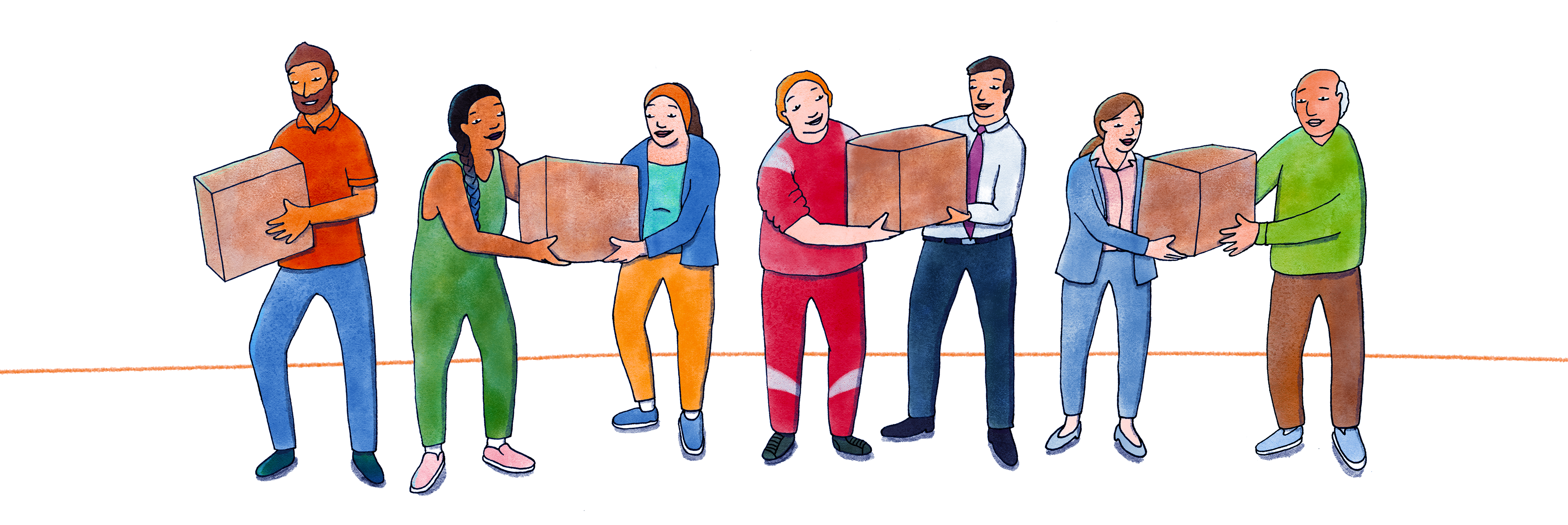 A group of people on a line collaborating to move some boxes