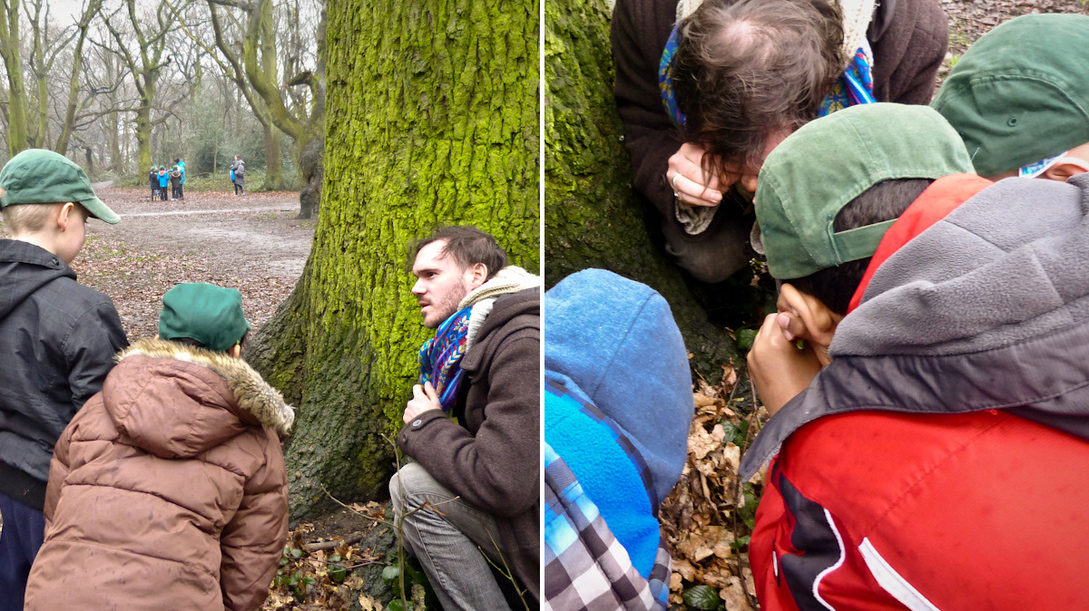 Photographs of children examining their environment