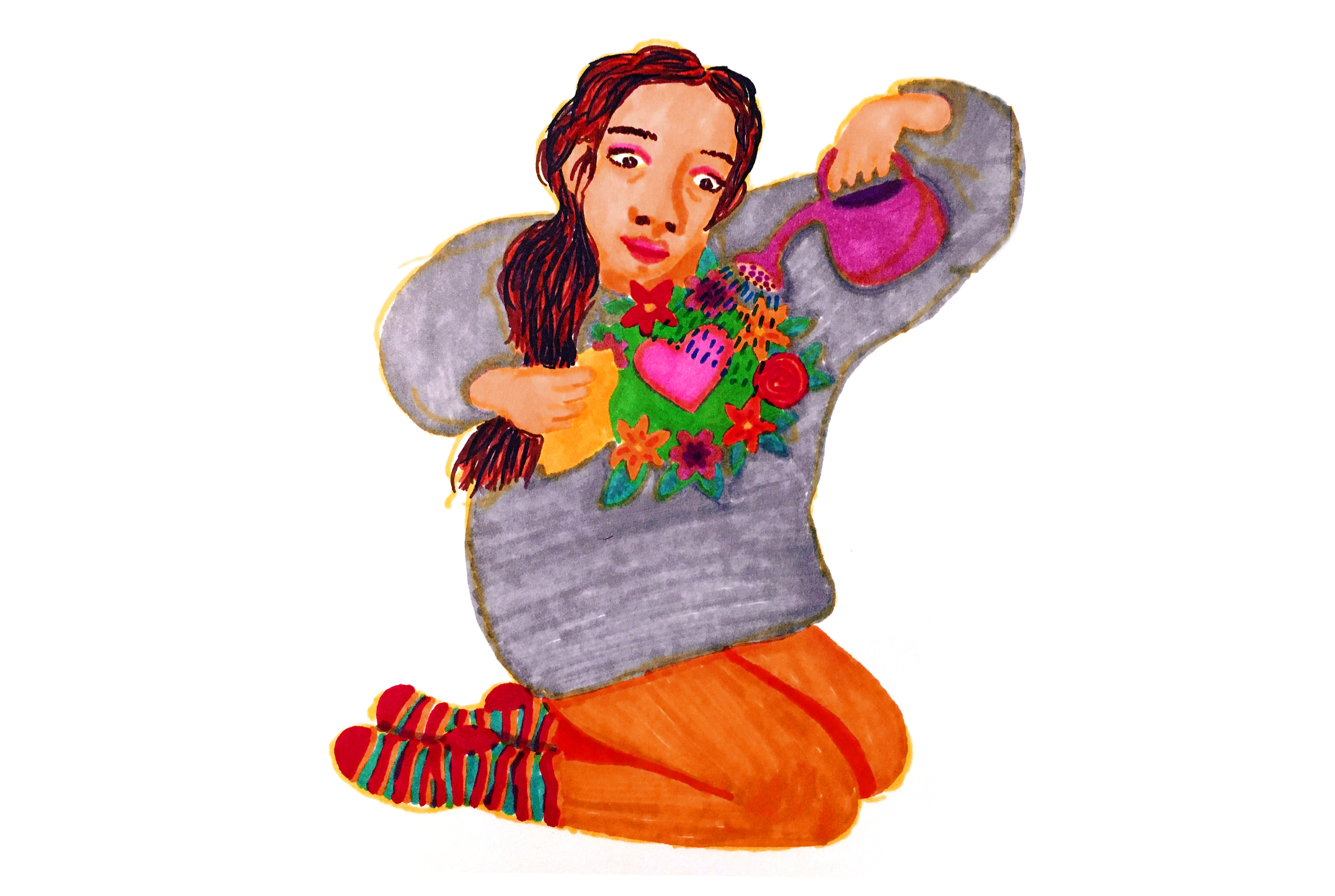 Marker sketch of woman watering and tending to her heart