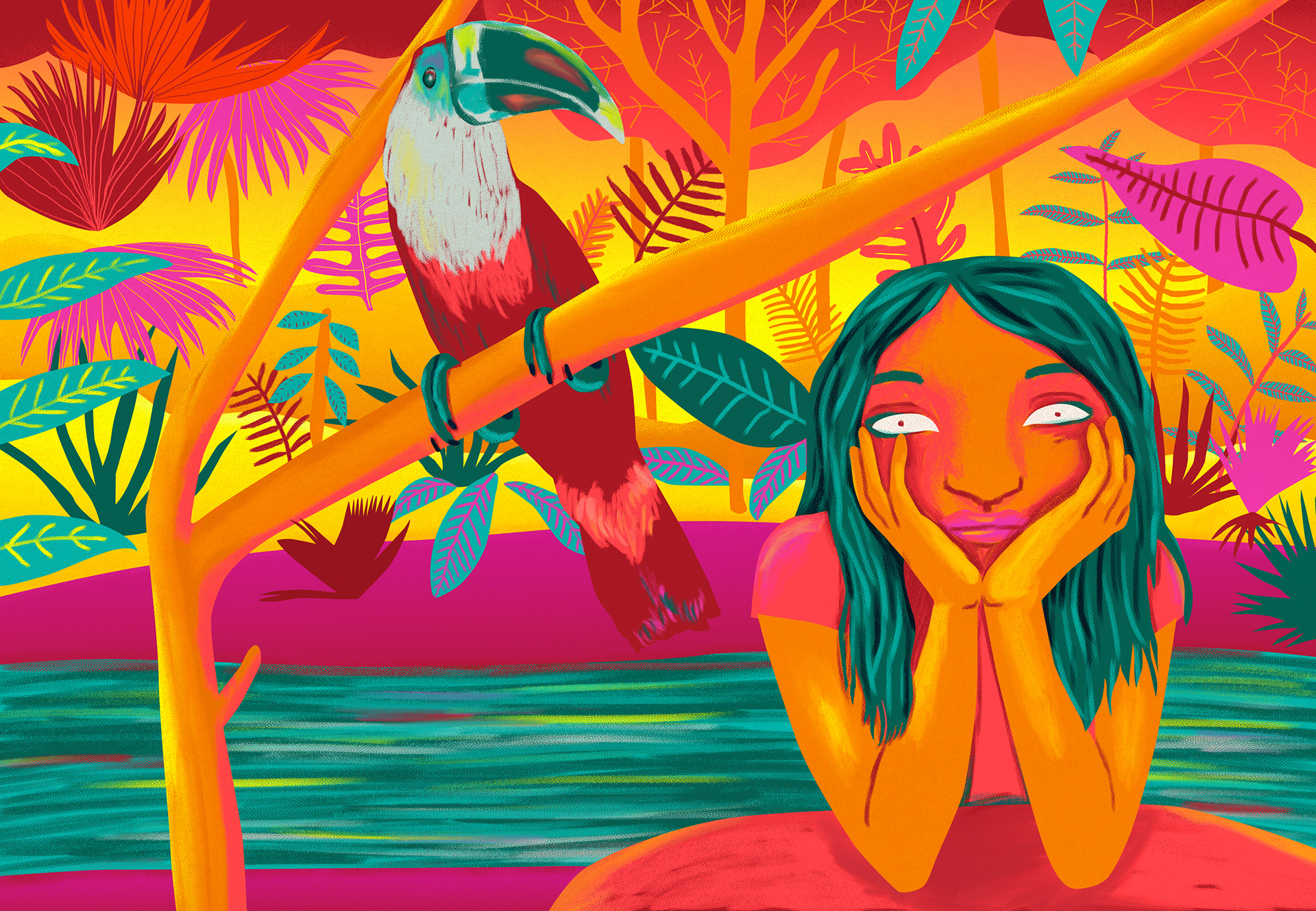 Digital illustration of woman and toucan in a jungle