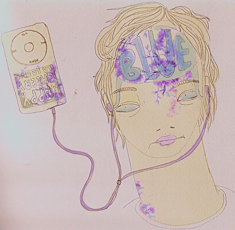Illustration of girl listening to music feeling blue