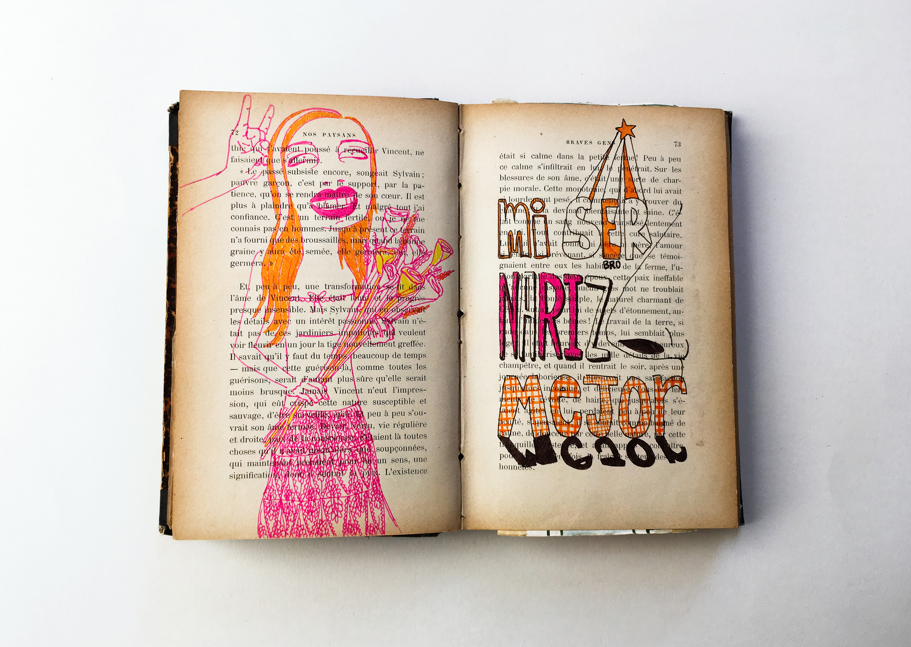 Illustration on repurposed book of woman receiving flowers