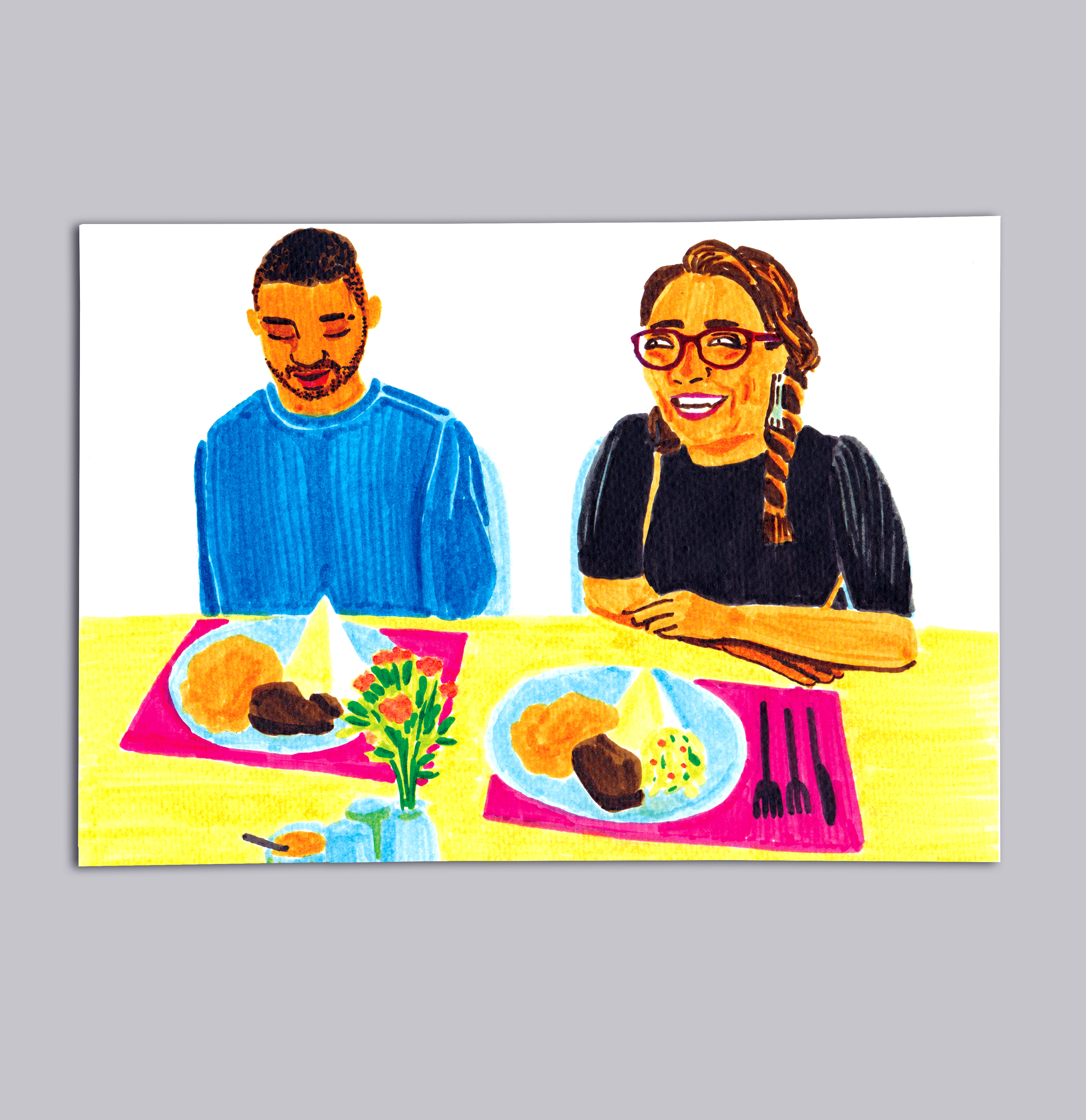 Marker illustration of mother and teenage son eating lunch