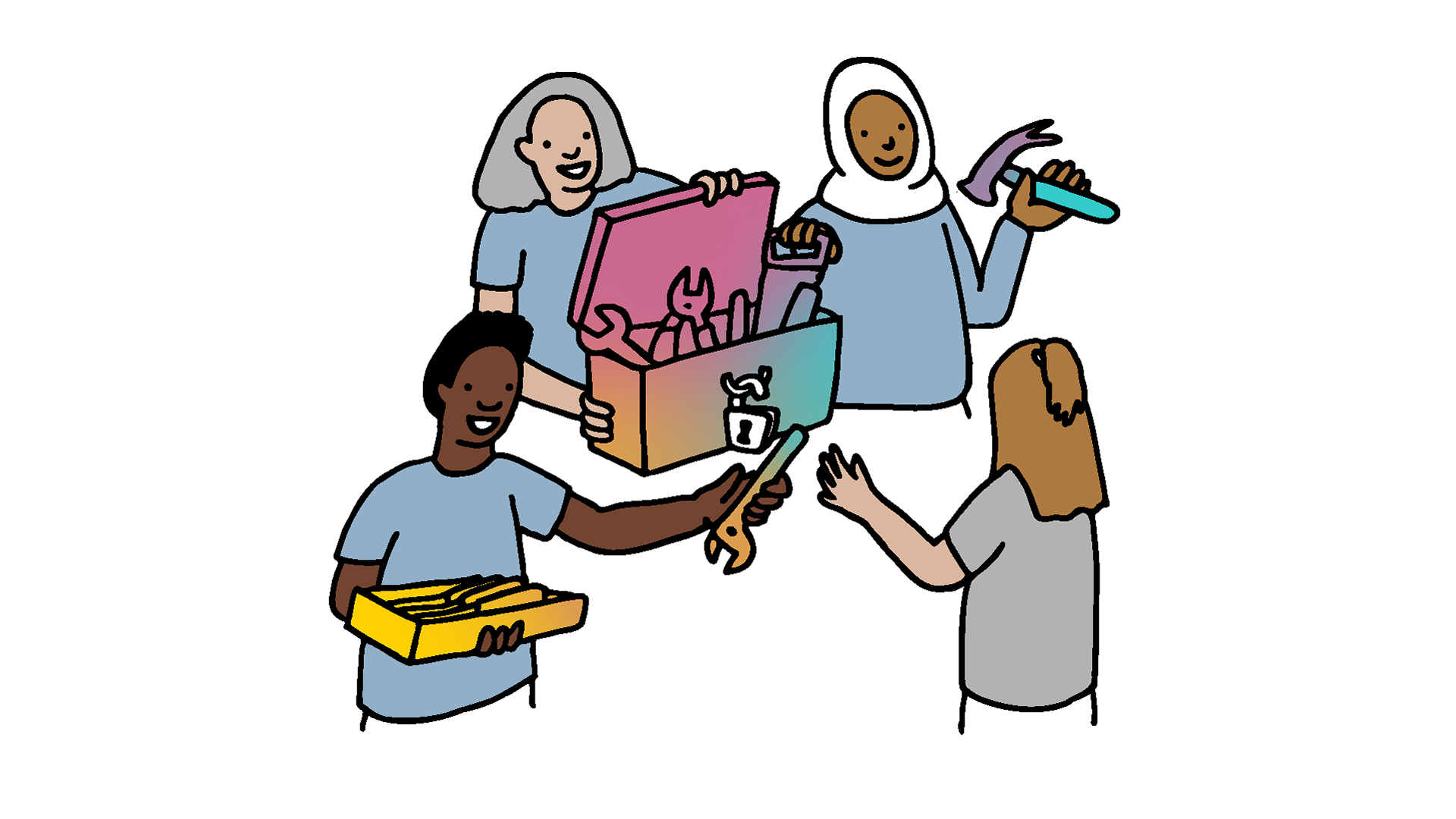 Illustration of four people sharing some tools with one another