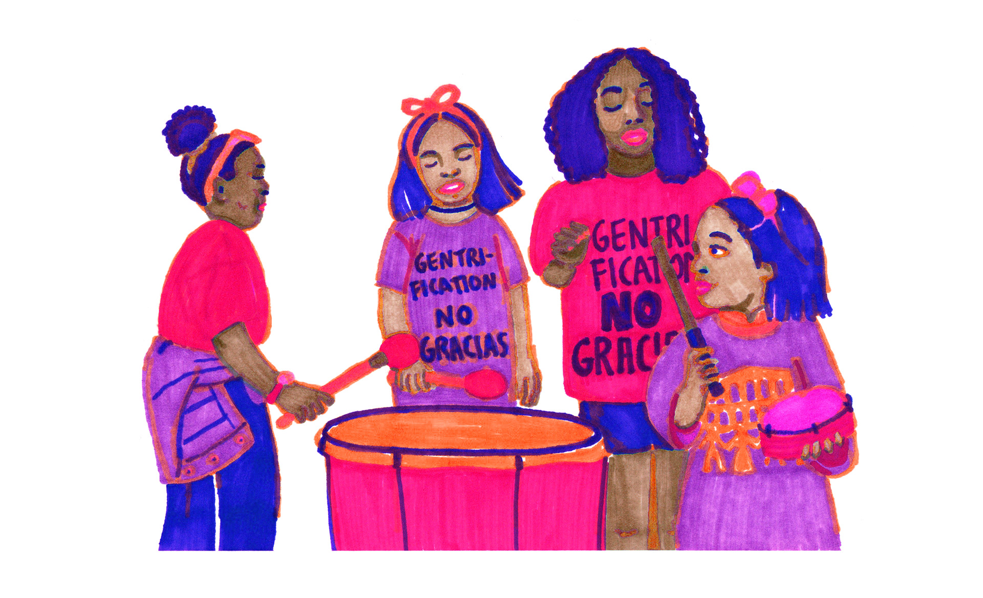 Marker sketch of girls playing drums with gentrification t-shirts on