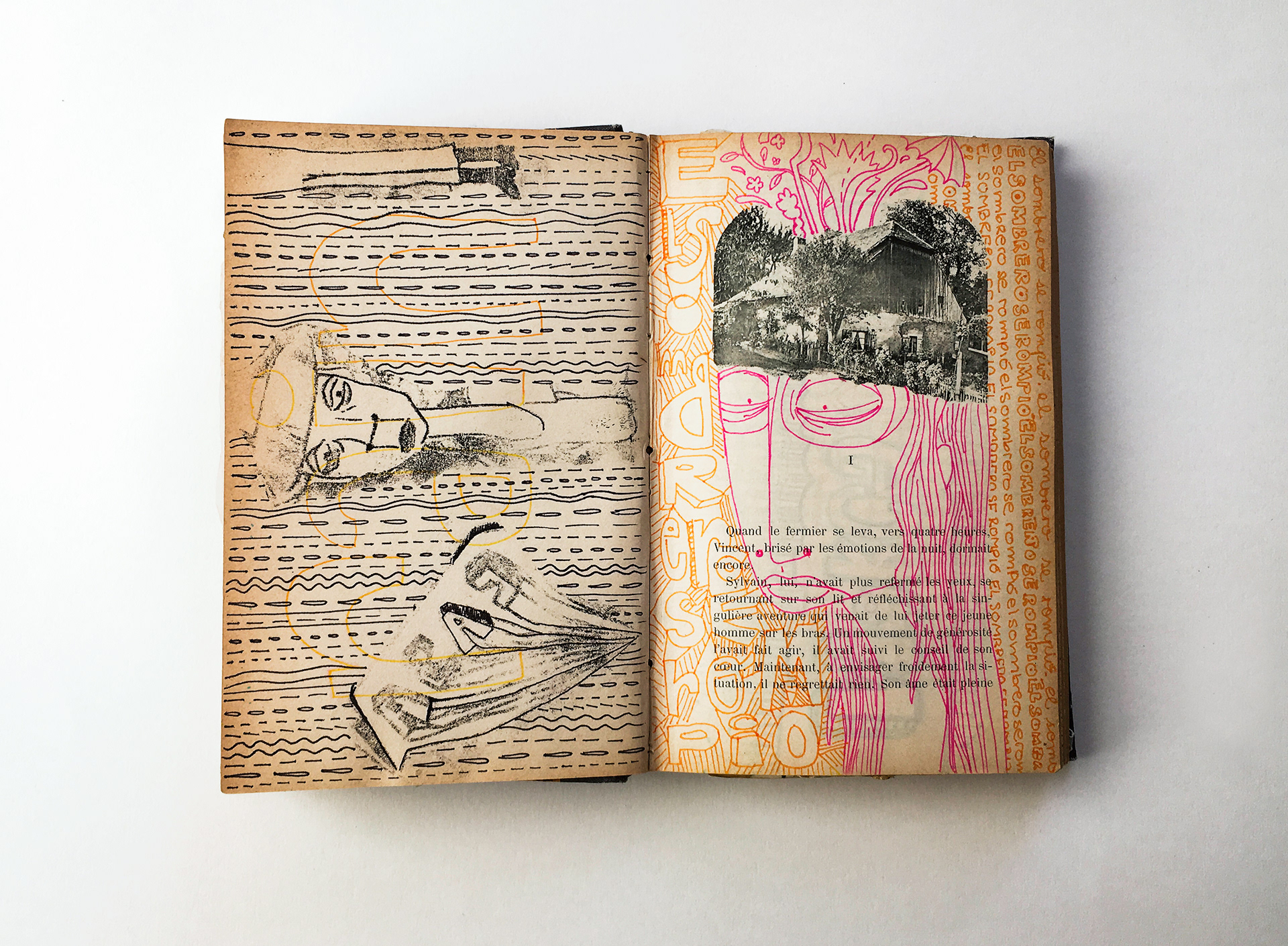 Illustration on repurposed book of man and women