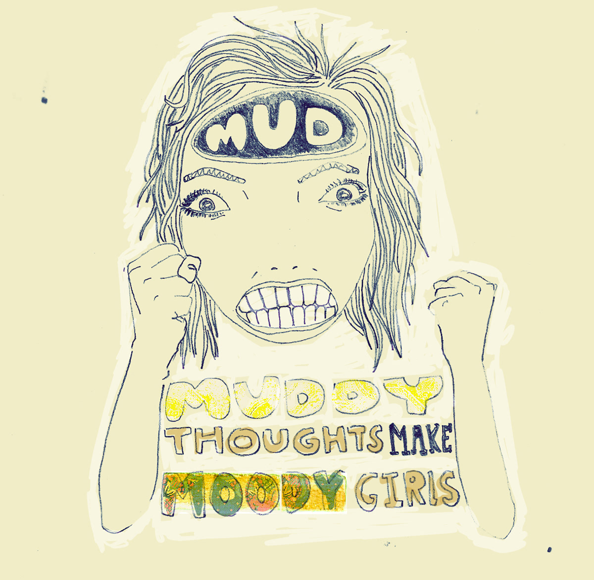 Mixed media illustration of angry girl